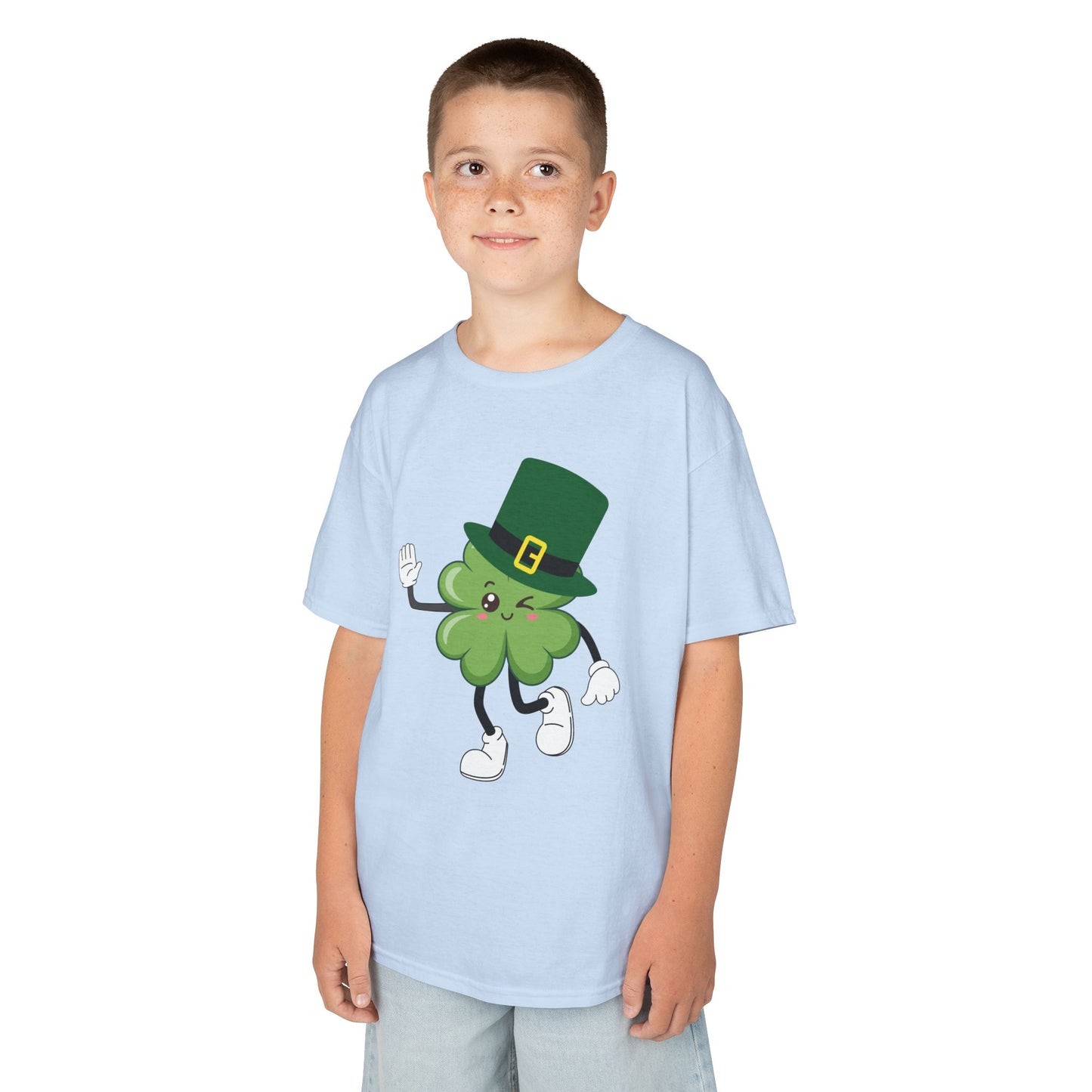 "Dancing Shamrock with Leprechaun Hat".  Kids Heavy Cotton T-Shirt. Patrick’s Day Tee