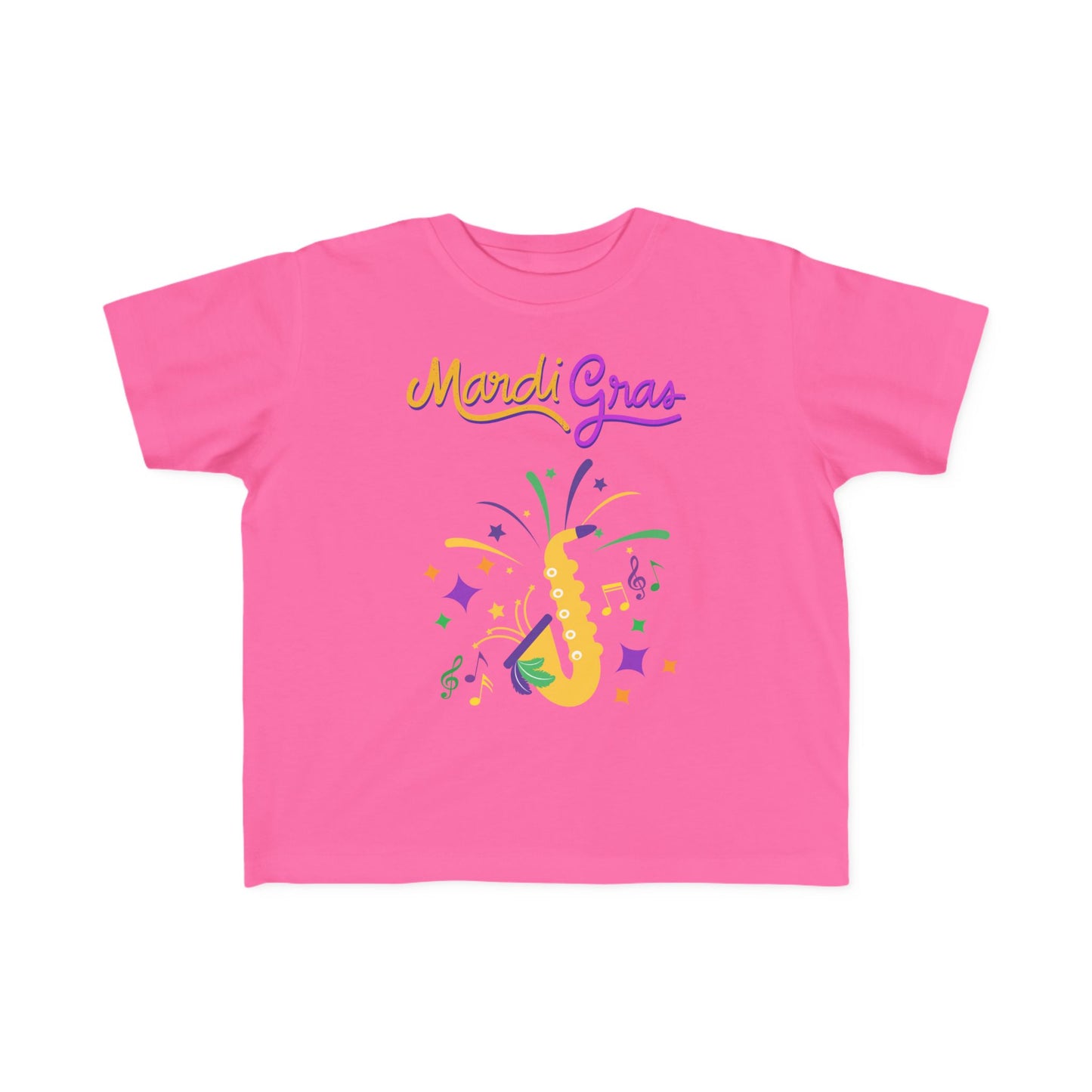 "Mardi Gras Saxophone" Toddler T-Shirt .  This Colorful Saxophone & Confetti Design Helps The Little One Get In The Carnival Mood!.