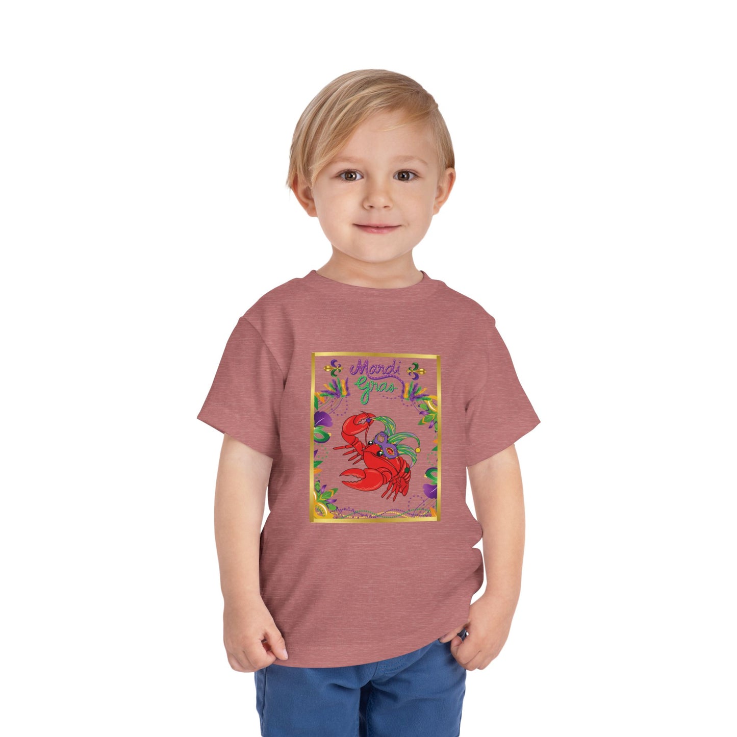 "Mardi Gras Crawfish" Toddler Short Sleeve Tee — Festive Masked Bright Red Crawfish Ready for Carnival!