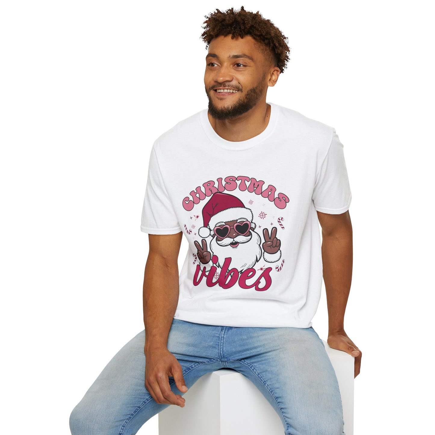 "Christmas Vibes" Unisex T-Shirt — Retro Santa Sporting Cool Sunglasses And A Peace Sign. What a Groovy Holiday Tee!