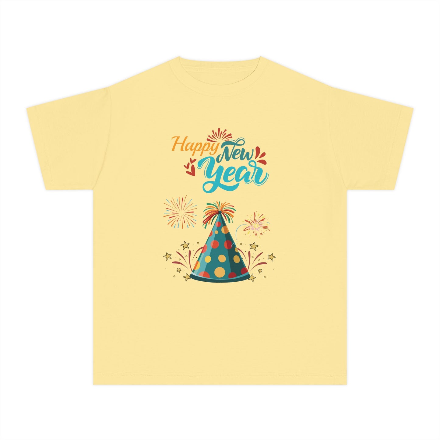 "Happy New Year -Party Hat and Fireworks" Kids/Youth T-Shirt .  A Fun, Colorful Tee For The Kids To Wear When Celebrating The New Year!