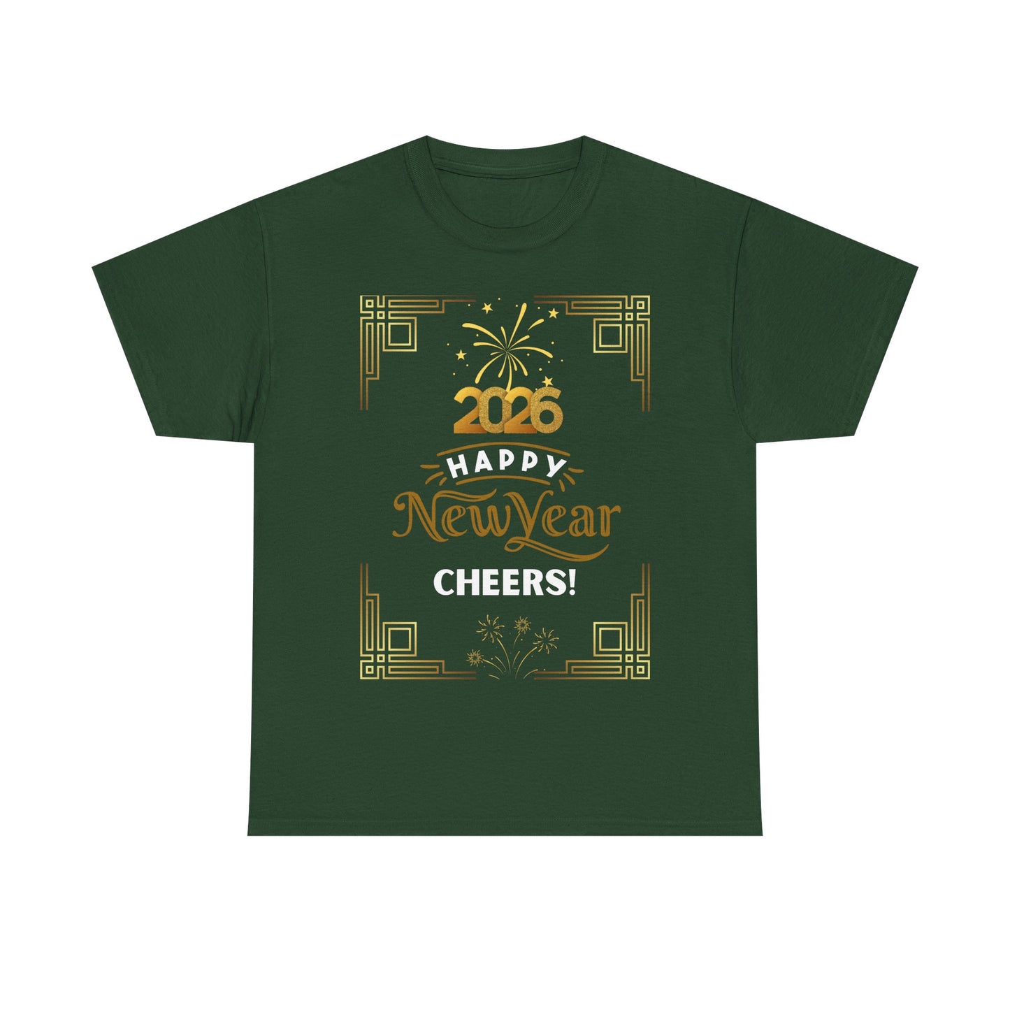 "Happy New Year -Cheers!" 2026  Unisex Midweight T-Shirt- 100 % Cotton — Festive "Art Deco Style" New Years Tee Great for Casual Celebrations or Parties While Ringing In the New Year!