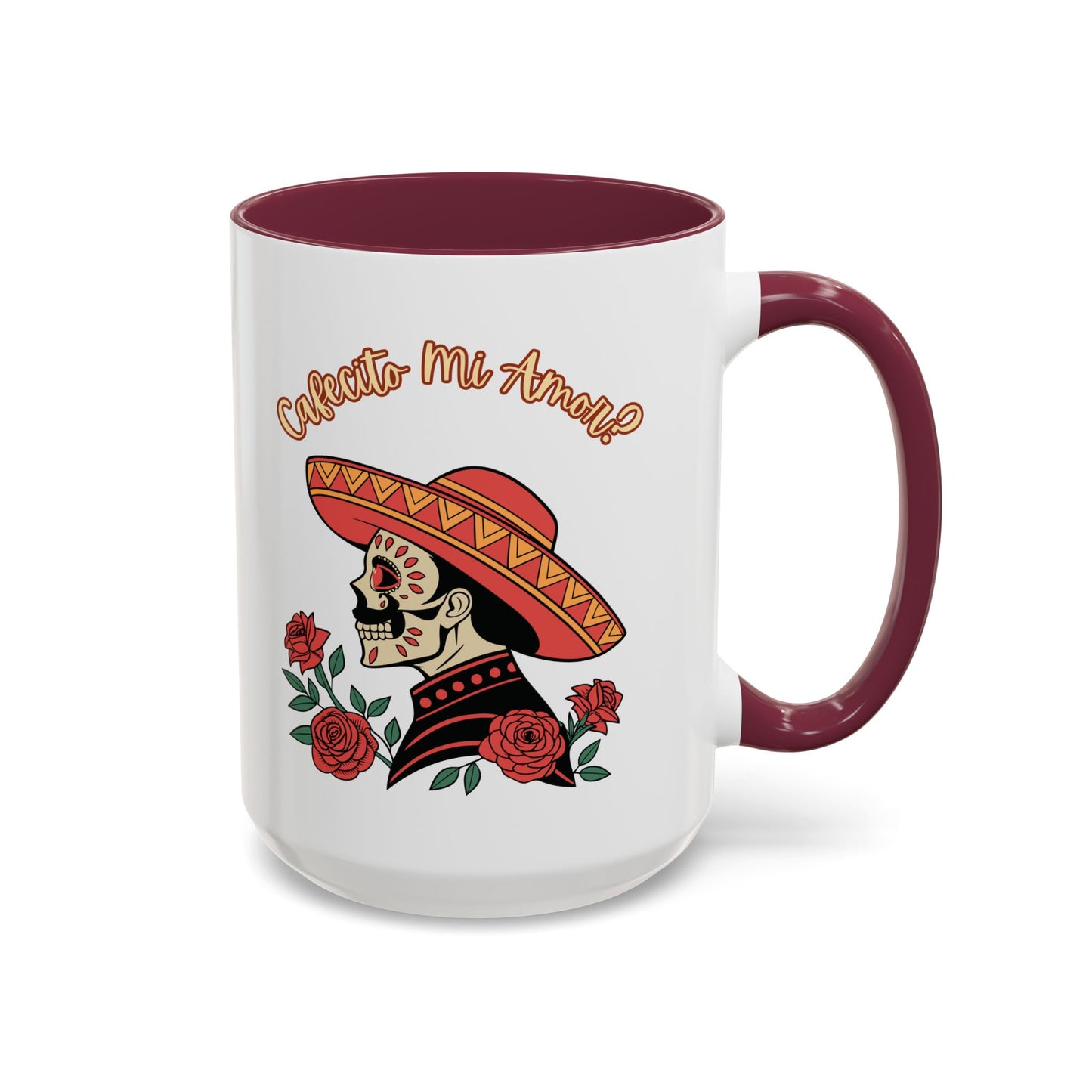 "Cafecito Mi Amor?" -El Hombre, Sugar Skull Style, White Ceramic Mugs with Colorful Accents (11oz/15oz)