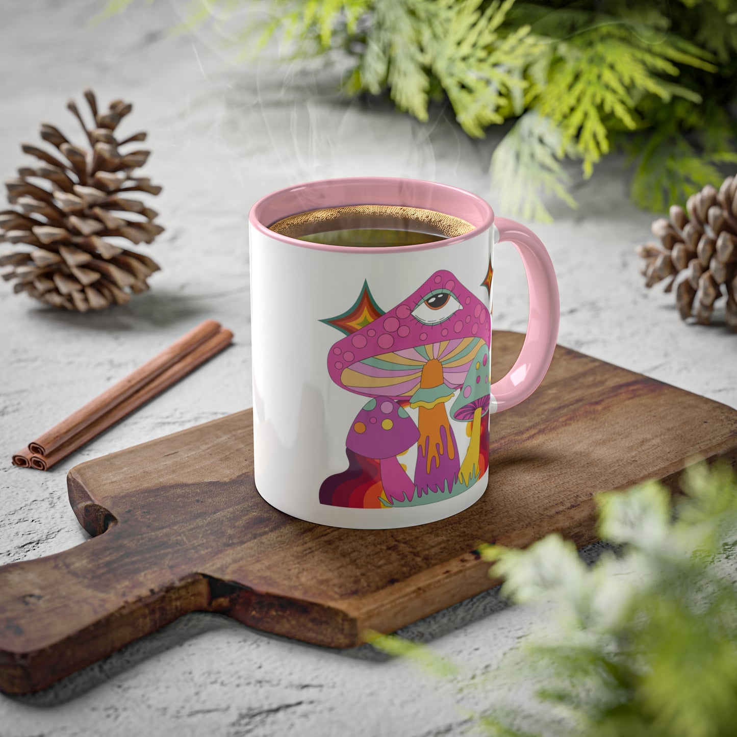 "Groovy Mushrooms" 11 oz White Mug with Colorful Accents