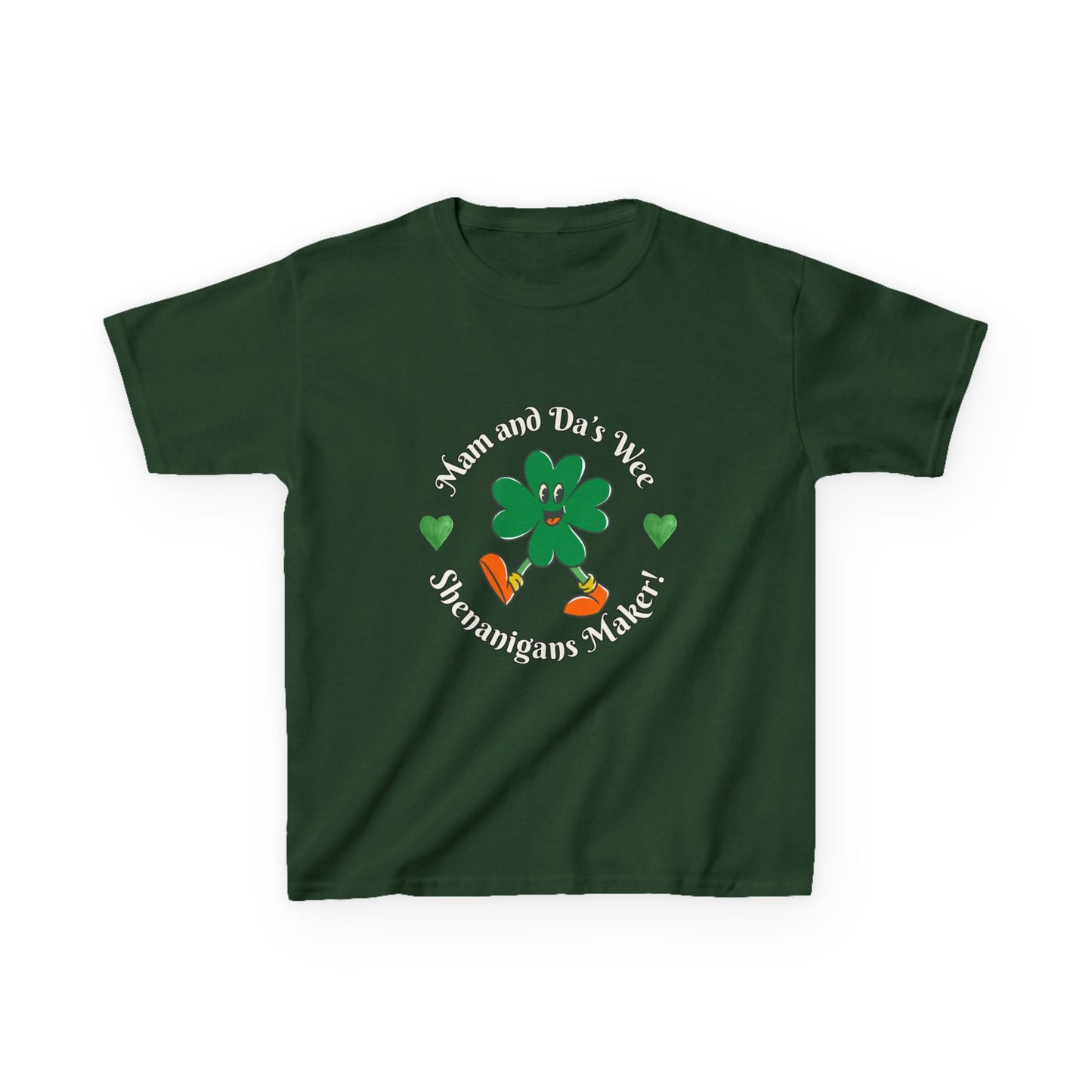 Kids Tee — “Mam and Da’s Wee Shenanigans Maker” Happy Walking Shamrock