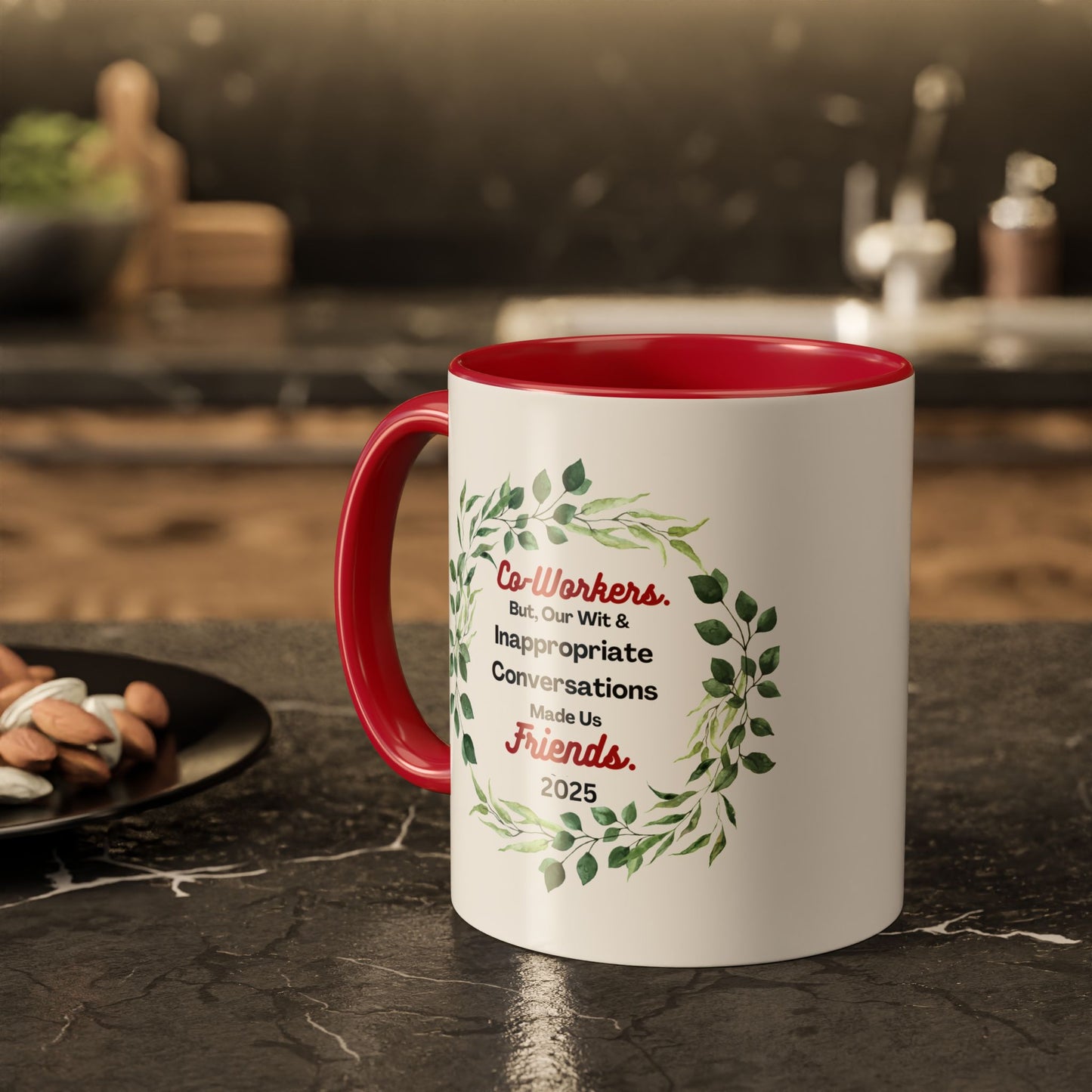 "Coworkers And Friends 2025", White Ceramic Mug with Colorful Accents,  A Great Office Gift To Commemorate 2025