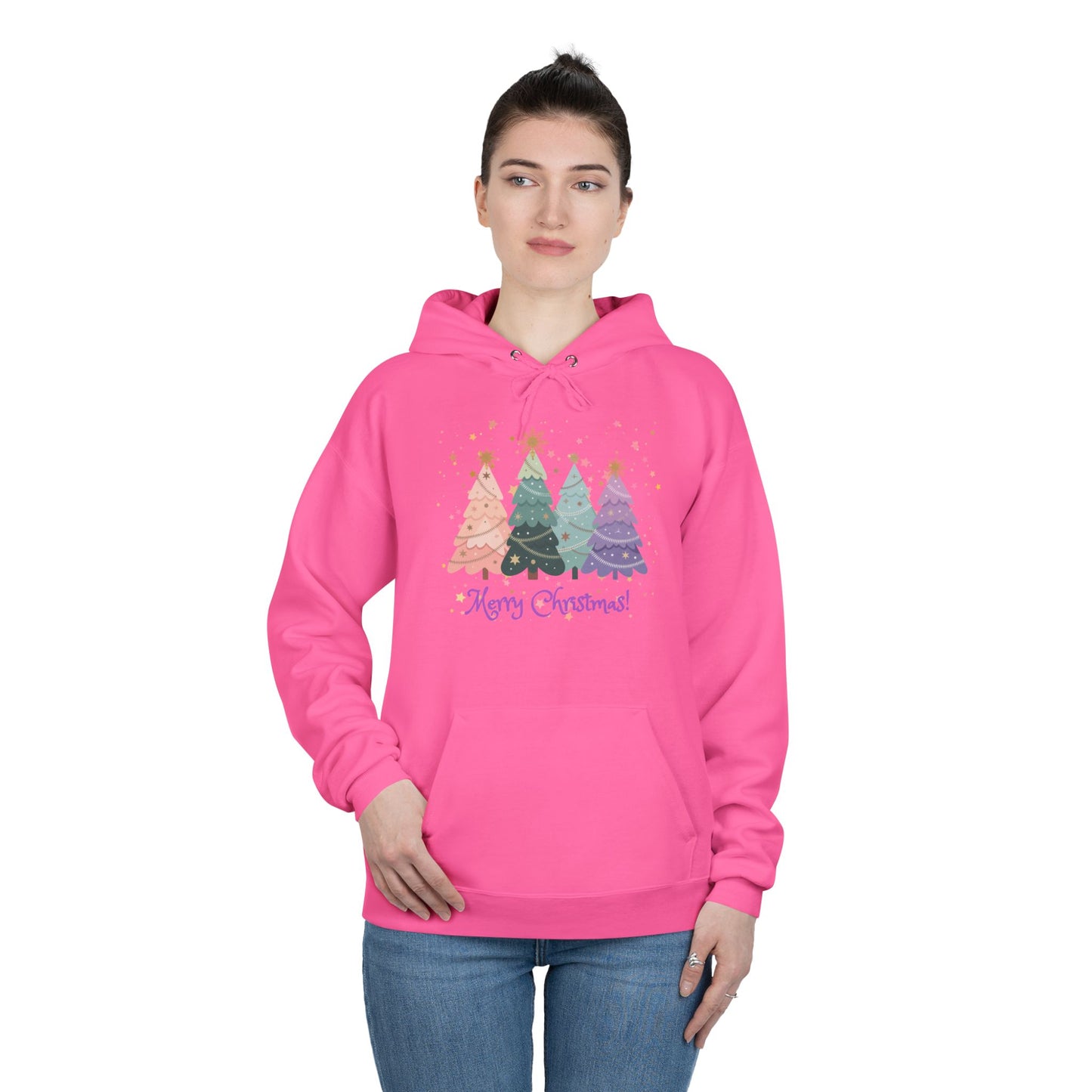 "Merry Xmas" Pastel Christmas Tree Unisex Adult  Hoodie. A Quaint, Yet Fashionable "Cut-Out Style" Xmas Tree Holiday Pullover