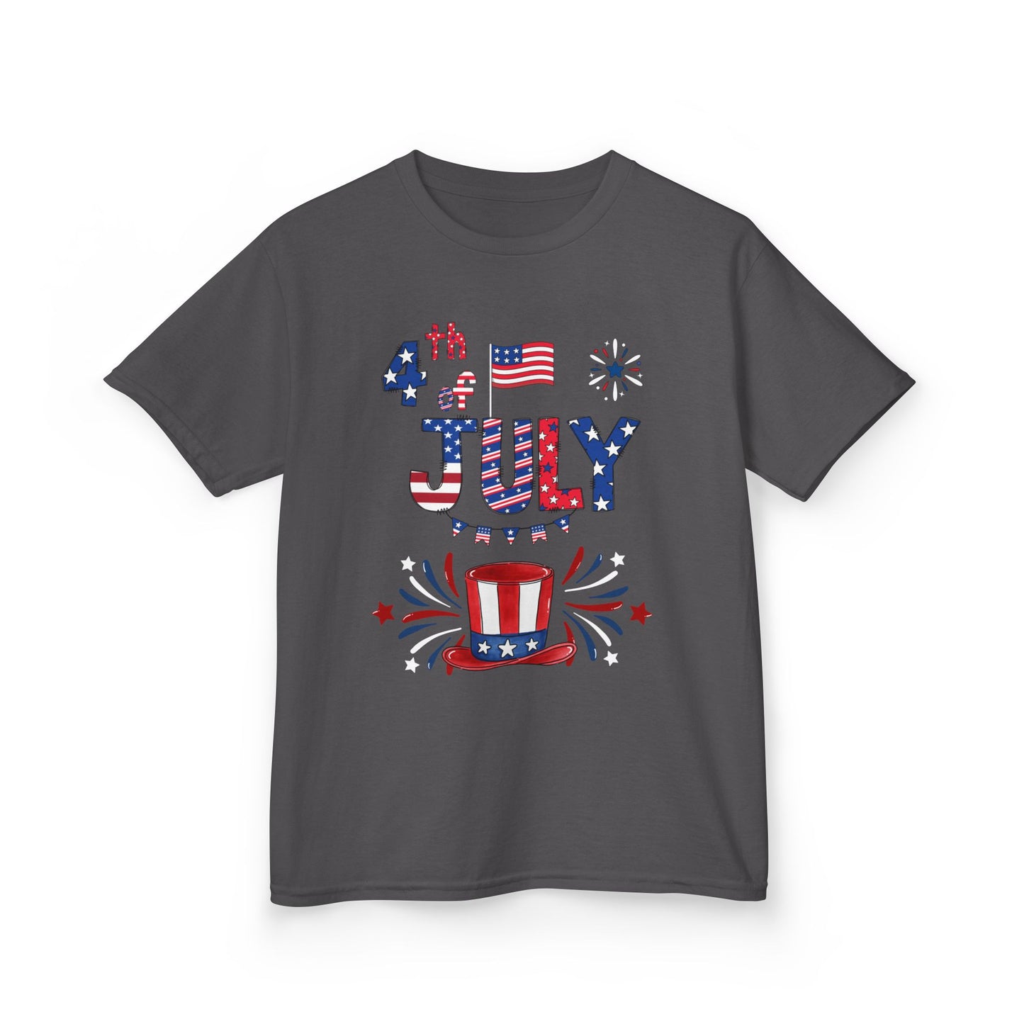 Kids "4th of July" Patriotic Boxy Tee — Celebrate This Special Day With Fireworks & A Vibrant Uncle Sam Hat!