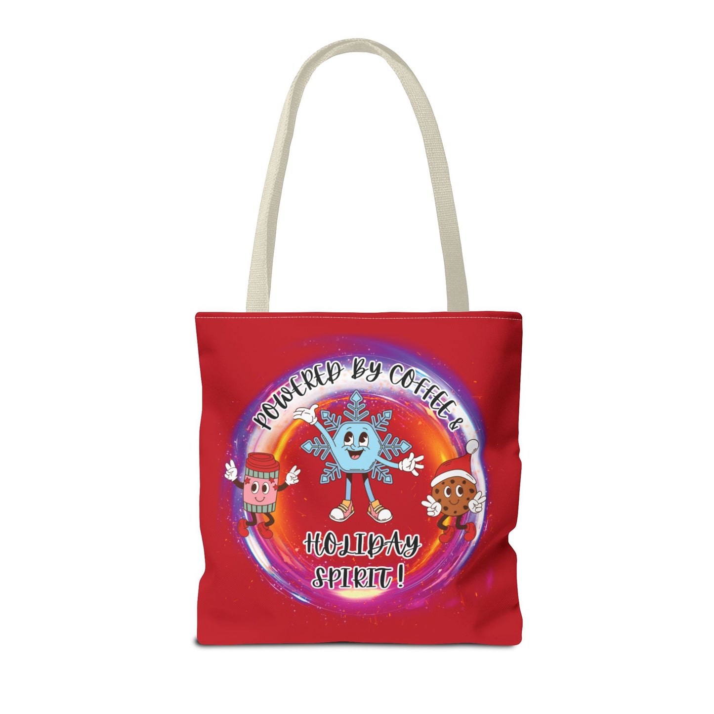 "Powered By Coffee And Holiday Spirit "  Red Tote Bag  with Colored Straps