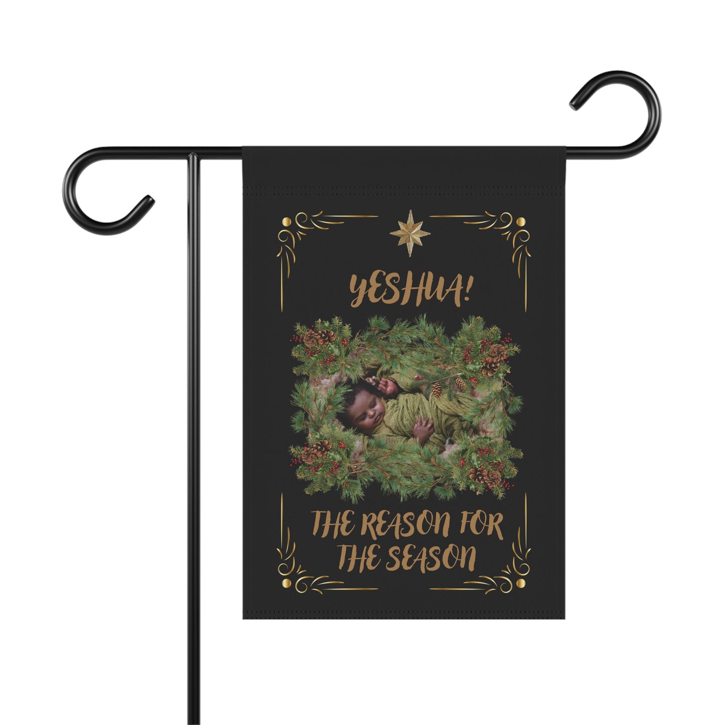 Xmas Nativity Garden Flag —"Yeshua! The Reason for the Season" Religious Christmas Garden Banner-Black