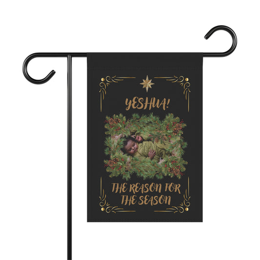 Xmas Nativity Garden Flag —"Yeshua! The Reason for the Season" Religious Christmas Garden Banner-Black