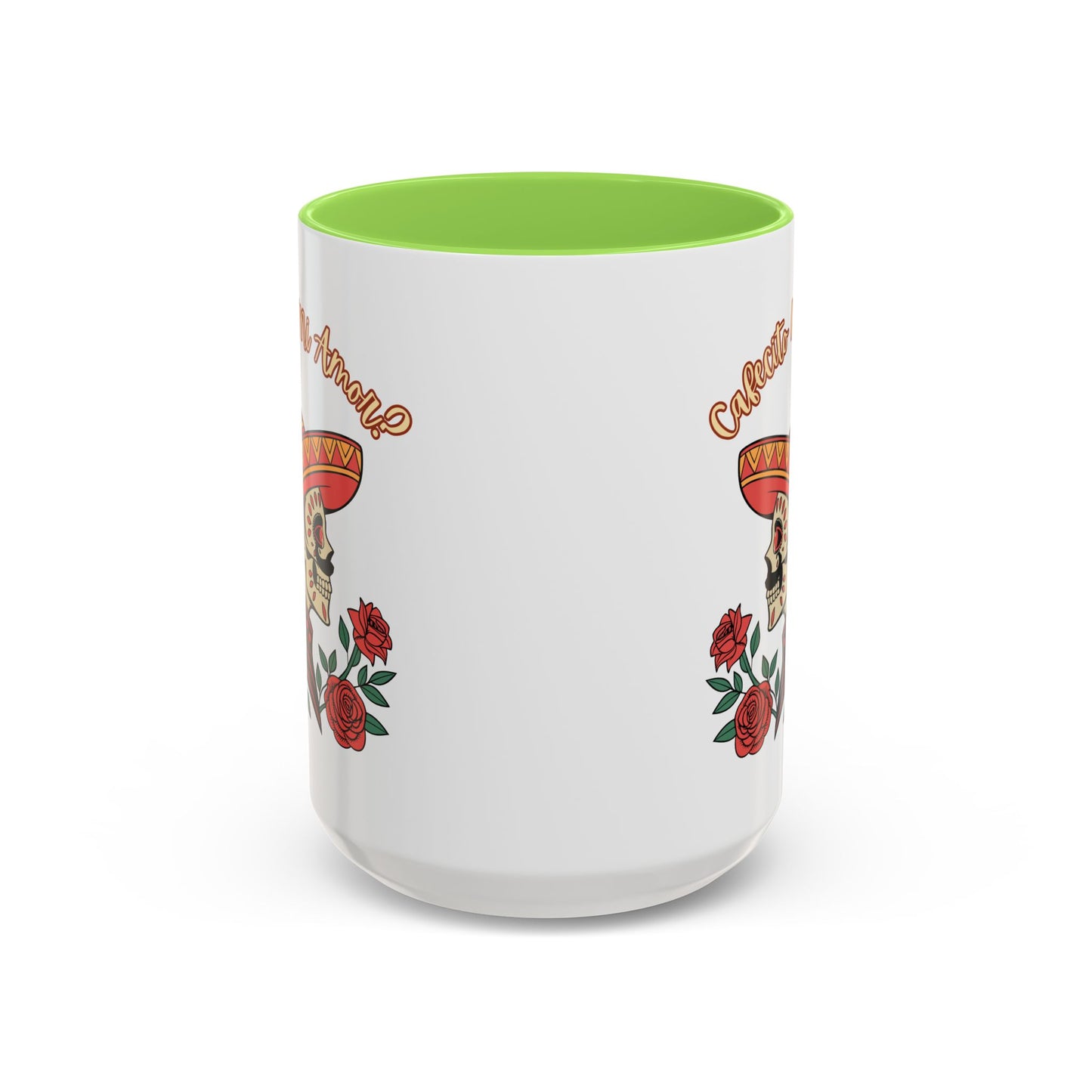 "Cafecito Mi Amor?" -El Hombre, Sugar Skull Style, White Ceramic Mugs with Colorful Accents (11oz/15oz)