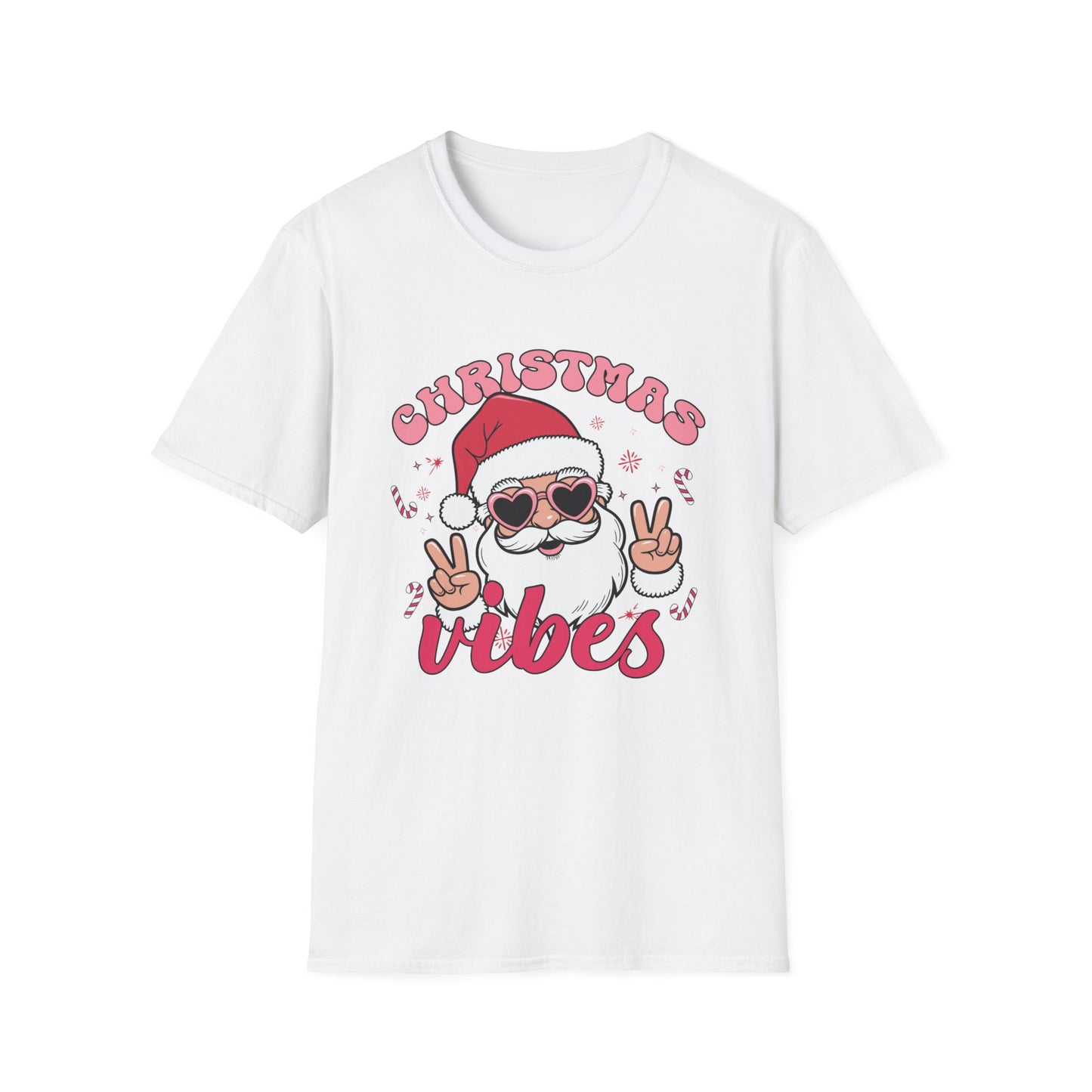 "Christmas Vibes"  Smiling Santa Holiday Unisex T-Shirt.  Cool(Tan)Santa Wearing His Shades And Sharing A "Peace Sign".