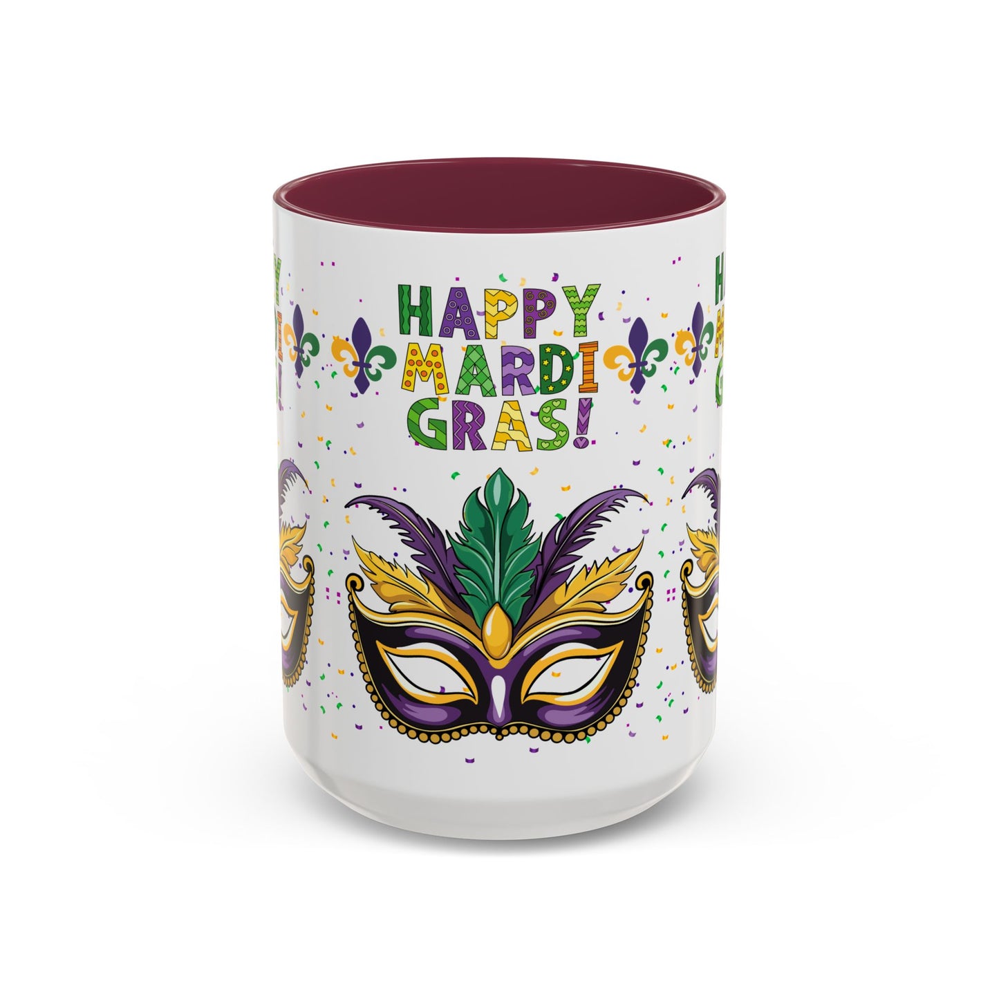"Happy Mardi Gras" Mugs — Colorful 11oz/15oz Carnival Mask-Fleur De Lis Design White Ceramic Mugs