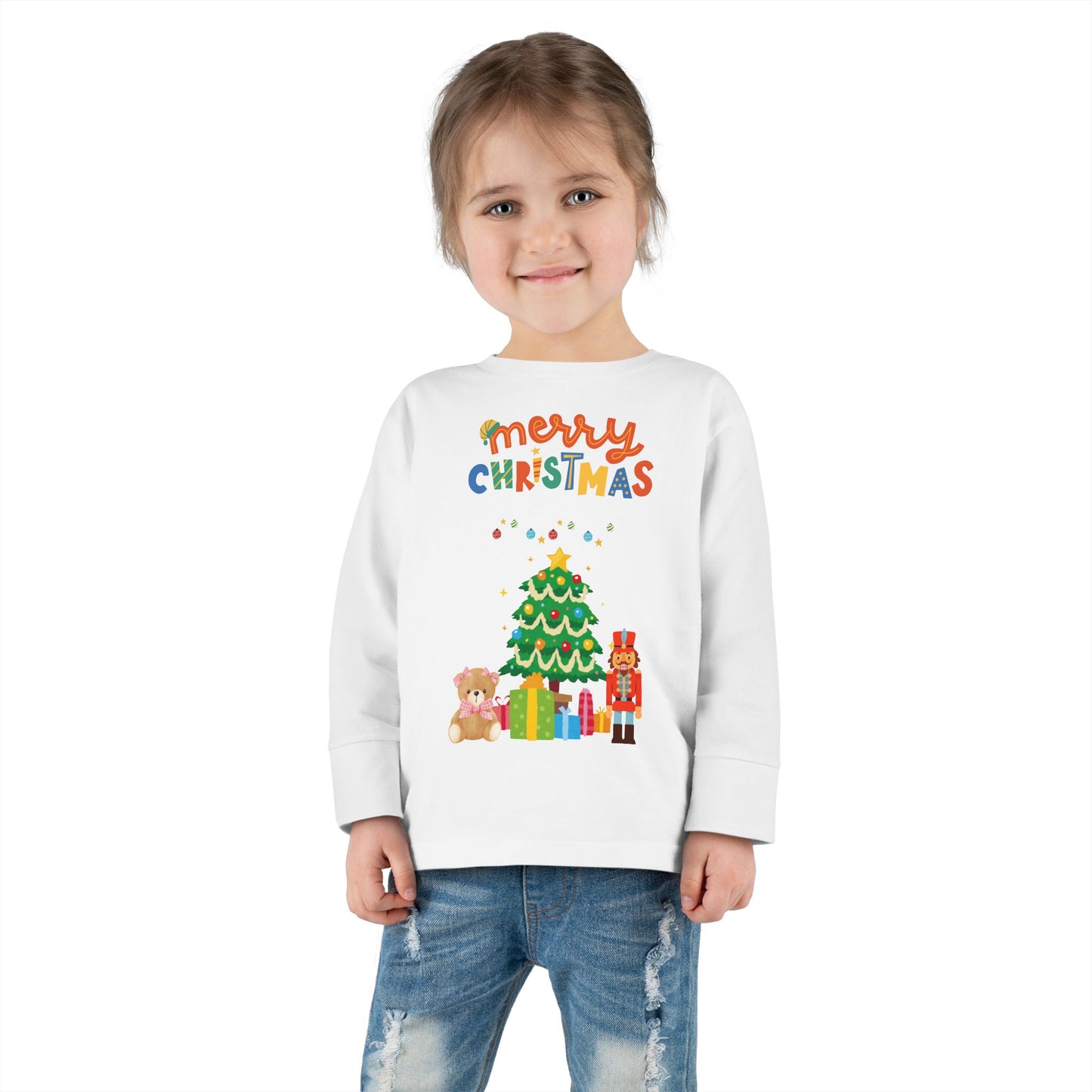 "Merry Christmas" Toddler Long Sleeve Tee – Cute Tree, Gifts & Nutcracker Holiday Shirt