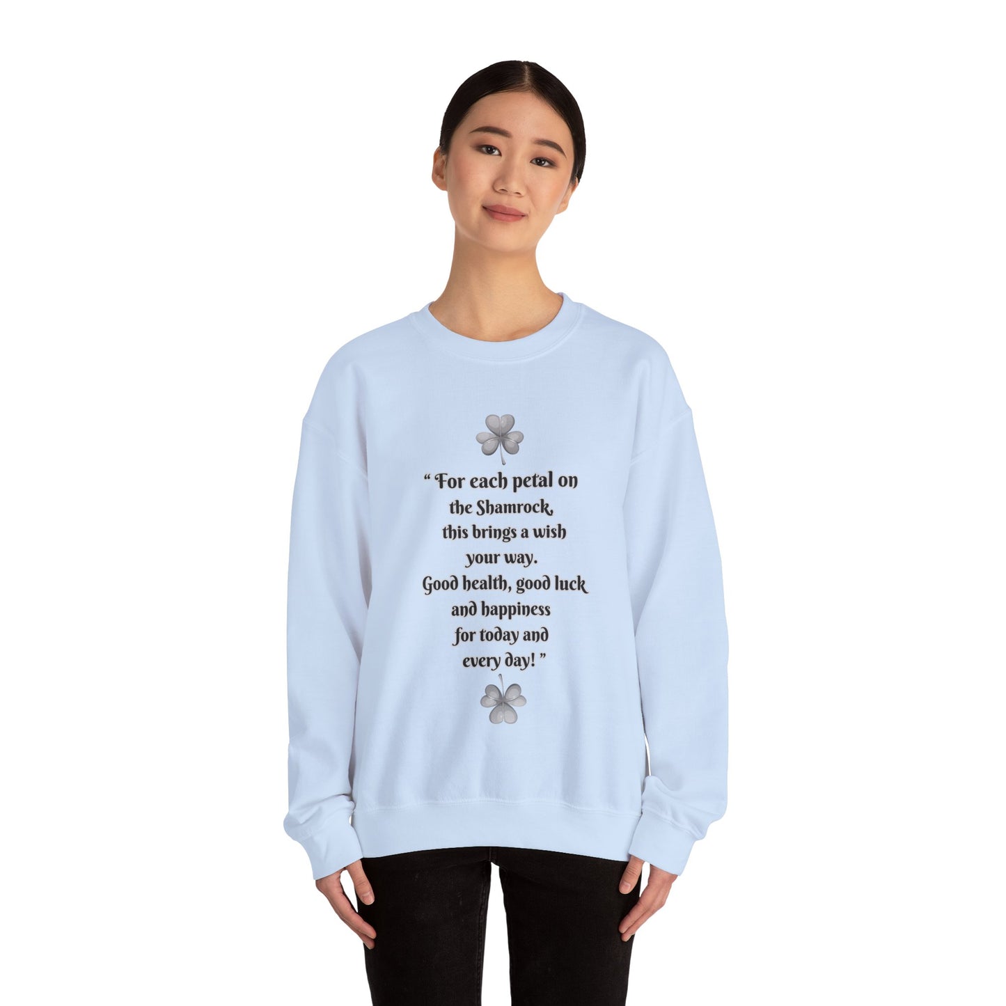 "Irish Blessing(Front)-Shamrock Wiseman(Back)", Unisex Crewneck Sweatshirt— Irish Luck Quote & Rustic Irish Wiseman Surrounded By Clover