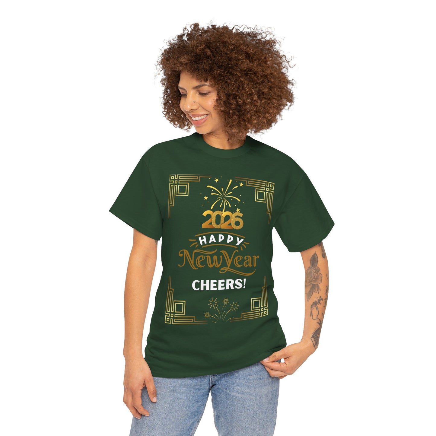 "Happy New Year -Cheers!" 2026  Unisex Midweight T-Shirt- 100 % Cotton — Festive "Art Deco Style" New Years Tee Great for Casual Celebrations or Parties While Ringing In the New Year!