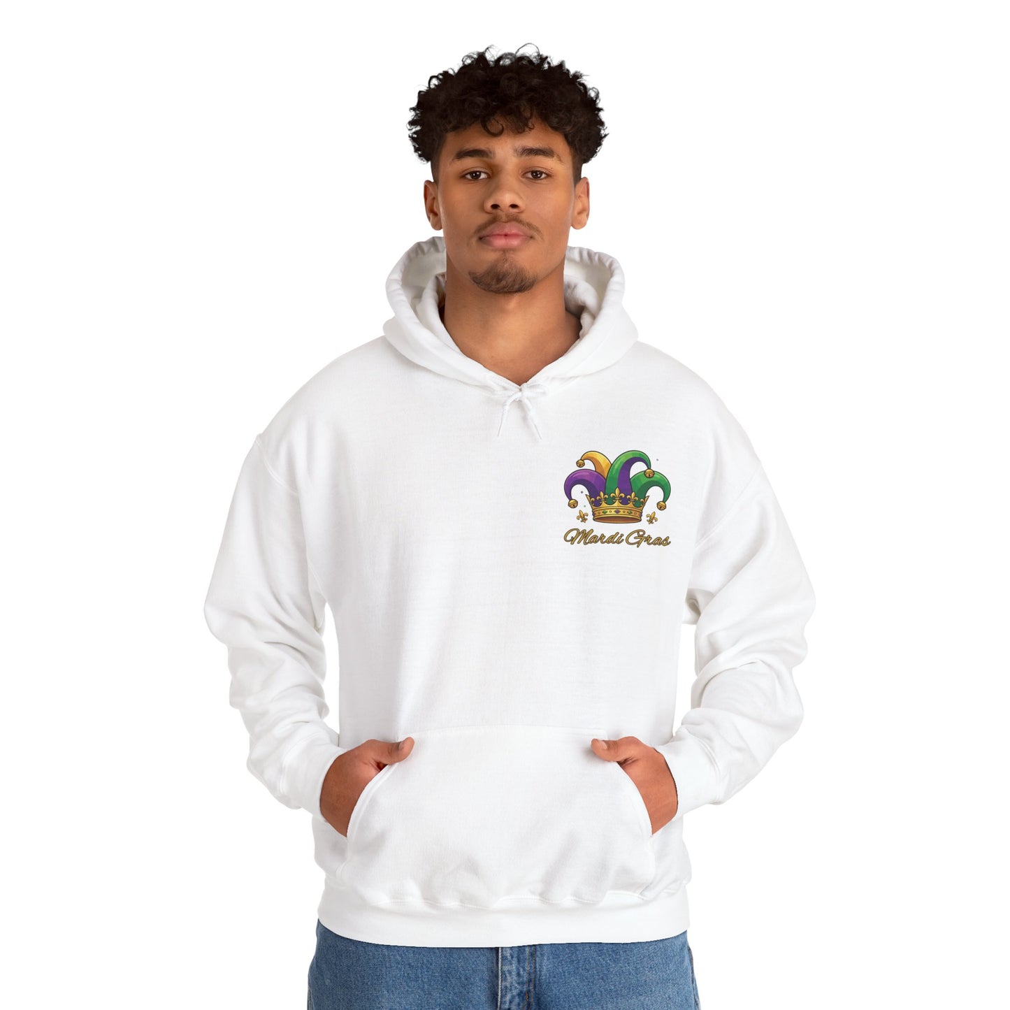 "Mardi Gras Jester Crown" Unisex Pullover Hoodie.  Festive Colorful Front Chest & Bold Back Designs Make This THE Hoodie Of Carnival Season!