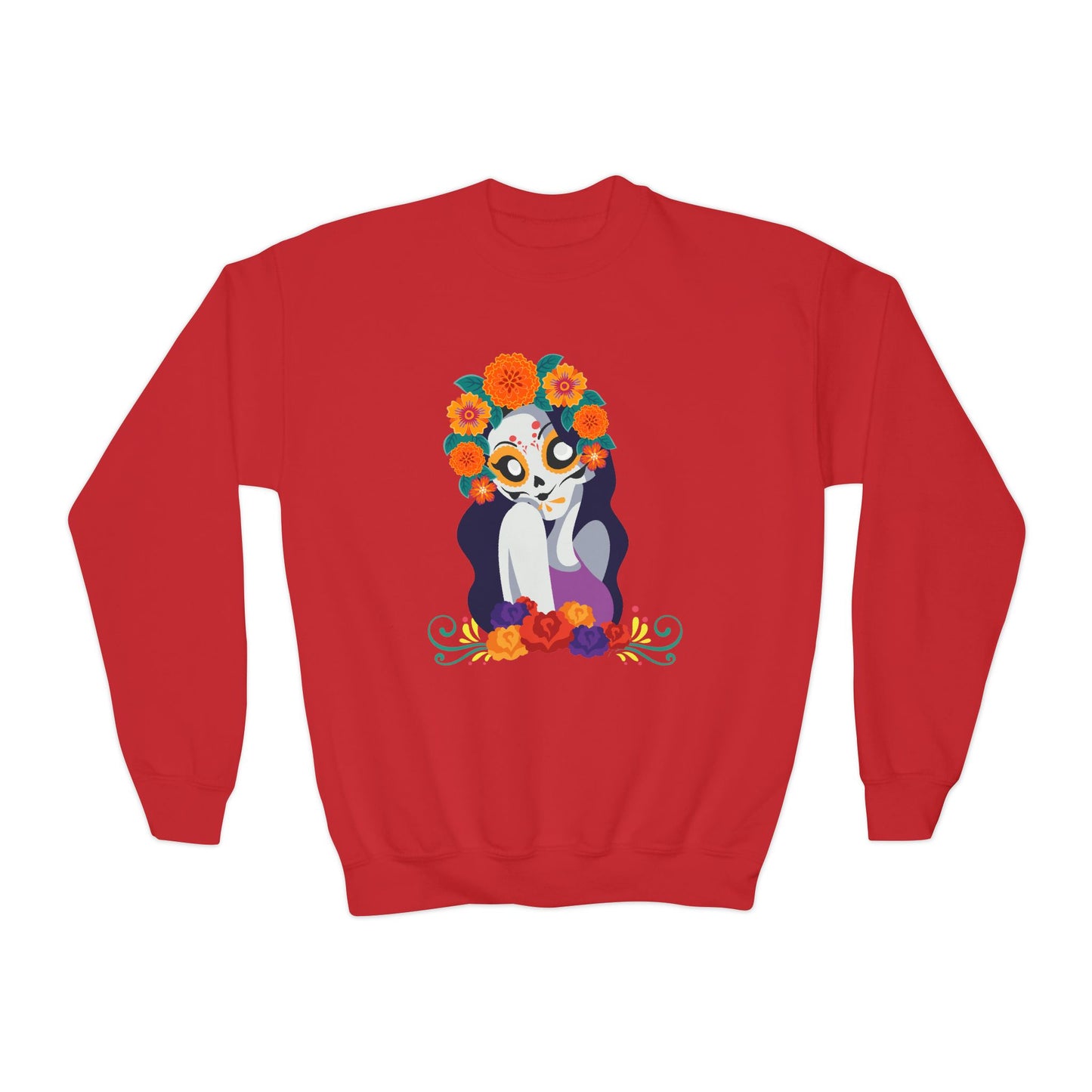 Whimsical Floral  "Katrina Skull" Youth Crewneck Sweatshirt. Perfect for Dia De Los Muertos or any occasion!