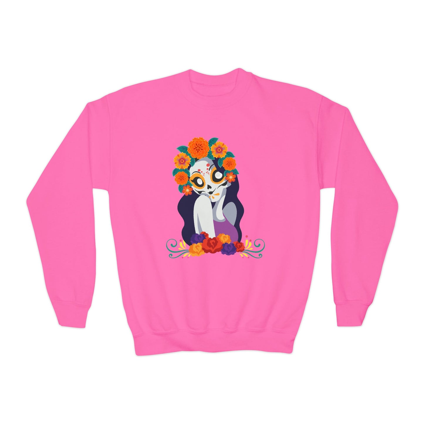 Whimsical Floral  "Katrina Skull" Youth Crewneck Sweatshirt. Perfect for Dia De Los Muertos or any occasion!