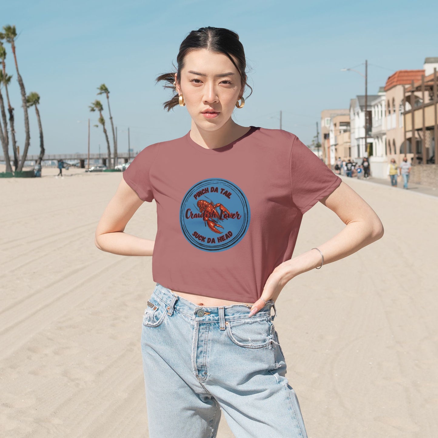 "Crawfish Lover"  Womens' Flowy Cropped Tee — "Pinch Da Tail, Suck Da Head" Seafood Festival Shirt