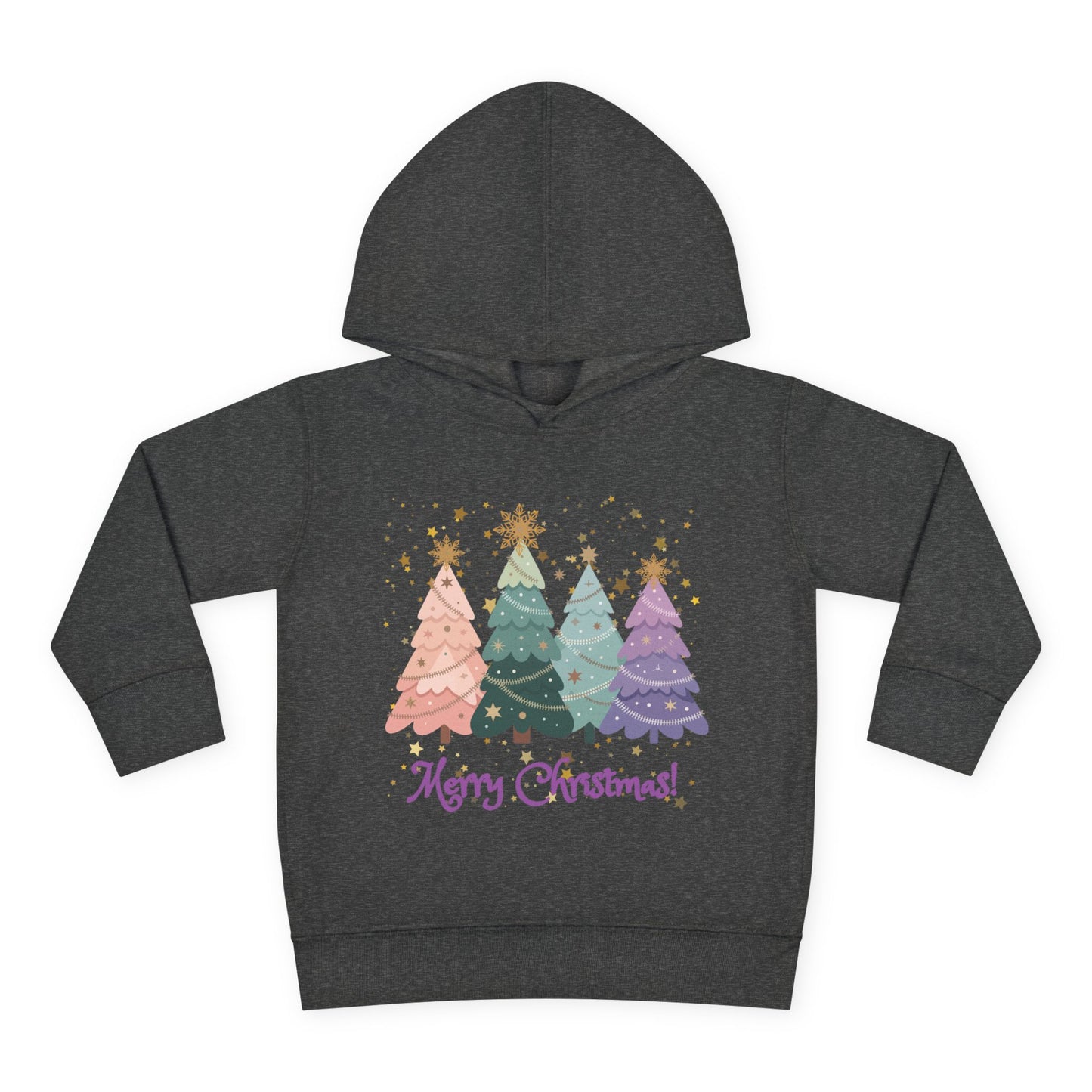"Merry Xmas" Toddler Hoodie — Pastel Paper-Cut Christmas Trees with Gold Stars