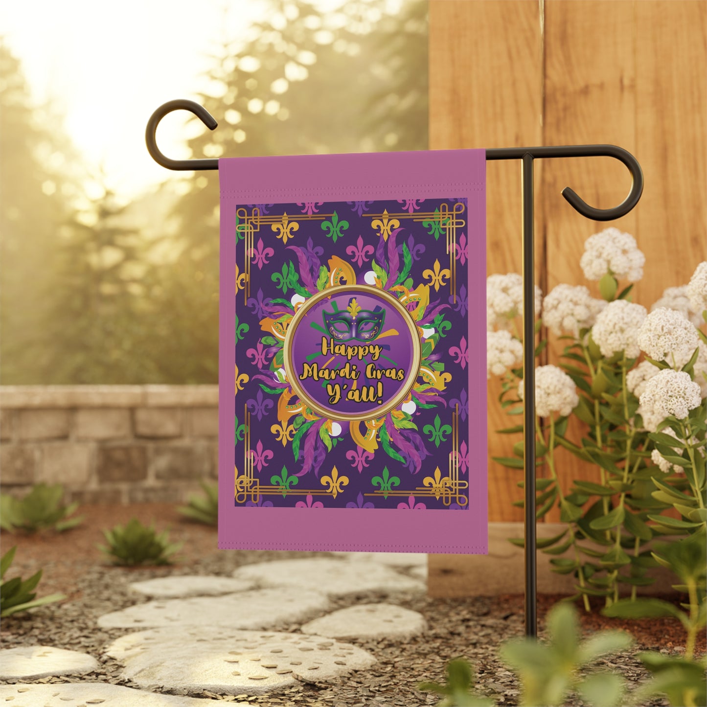 Mardi Gras Garden Flag — “Happy Mardi Gras Y’all” Decorative House Banner-Pink