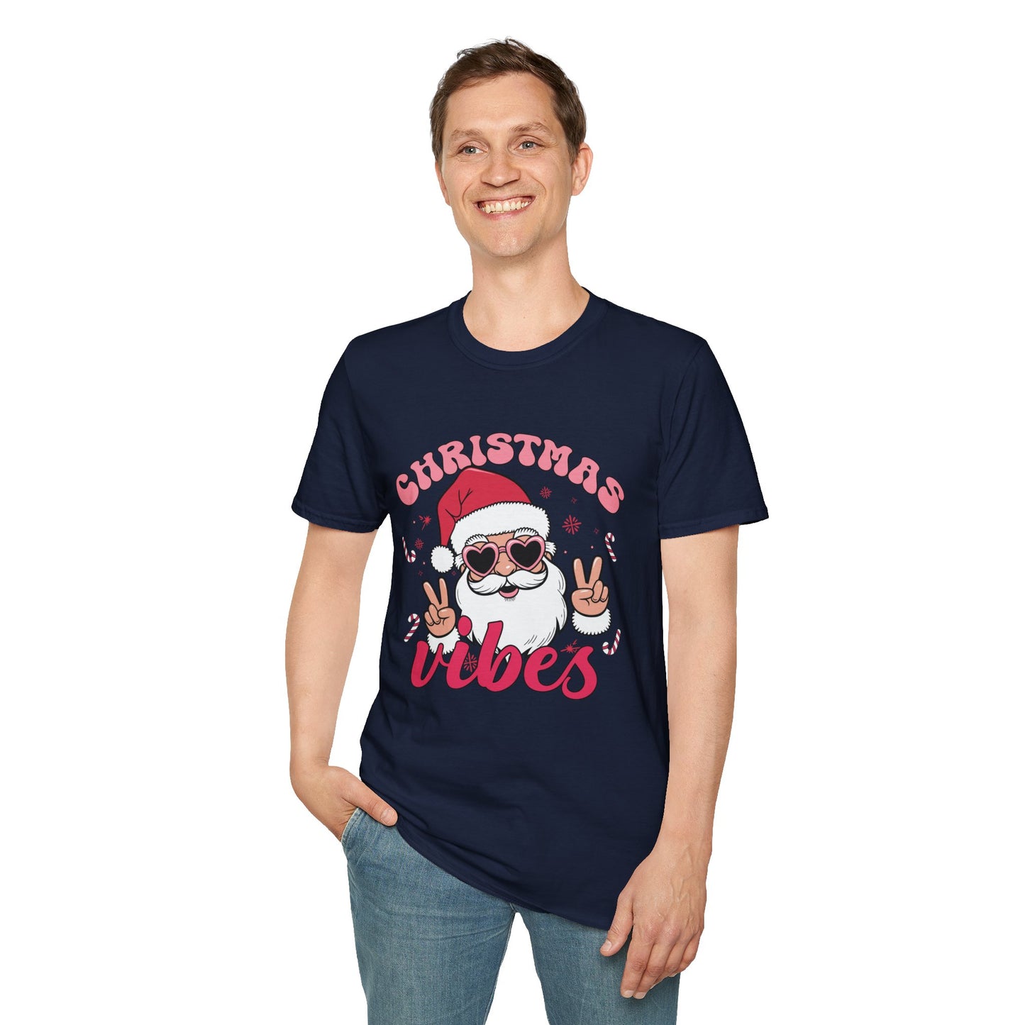 "Christmas Vibes"  Smiling Santa Holiday Unisex T-Shirt.  Cool(Tan)Santa Wearing His Shades And Sharing A "Peace Sign".