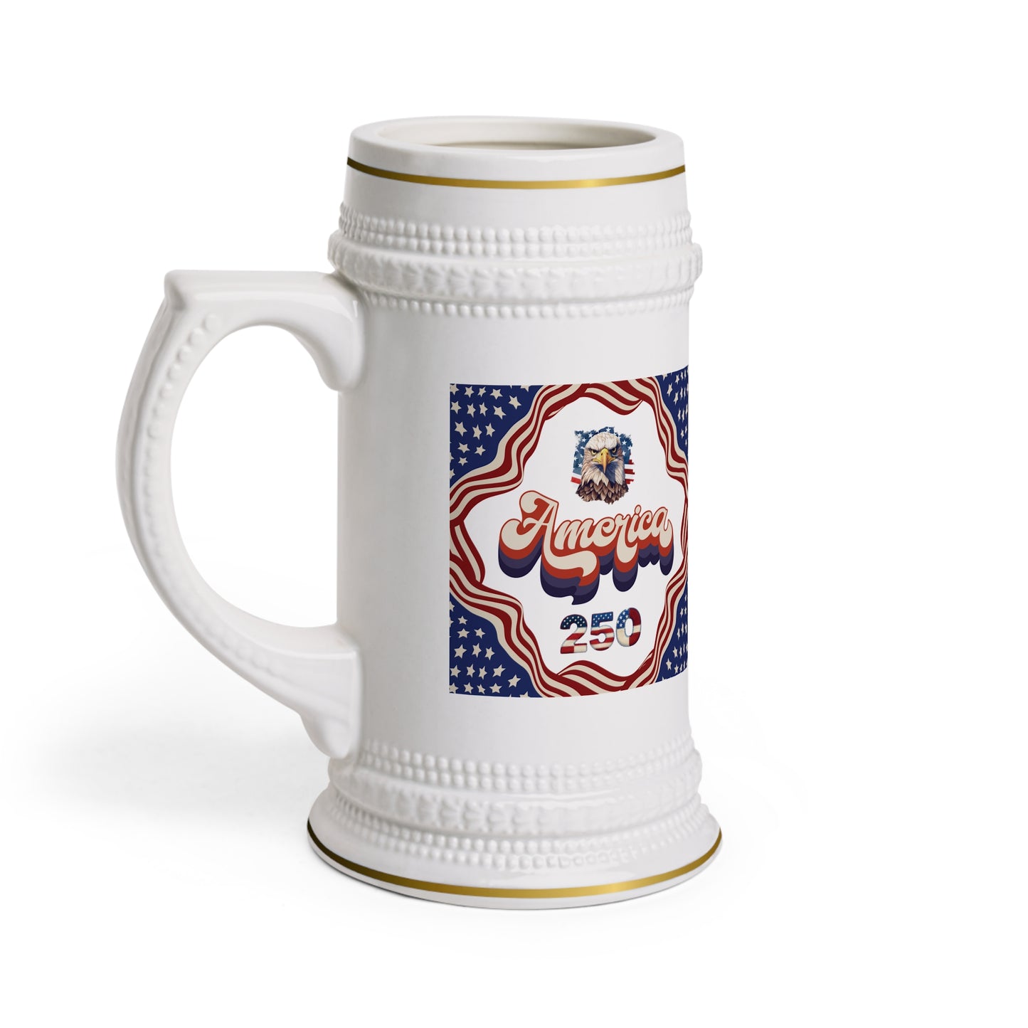 America 250 Ceramic Beer Stein — Patriotic 4th of July Anniversary Mug