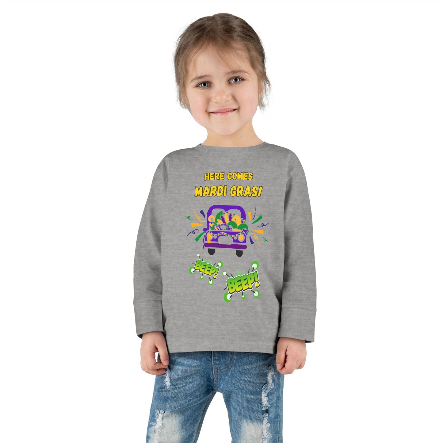 "Here Comes Mardi Gras-Beep, Beep!"  Toddler Long Sleeve Tee.  The Little Ones Will LOVE Wearing This Fun Shirt For Mardi Gras & Beyond!
