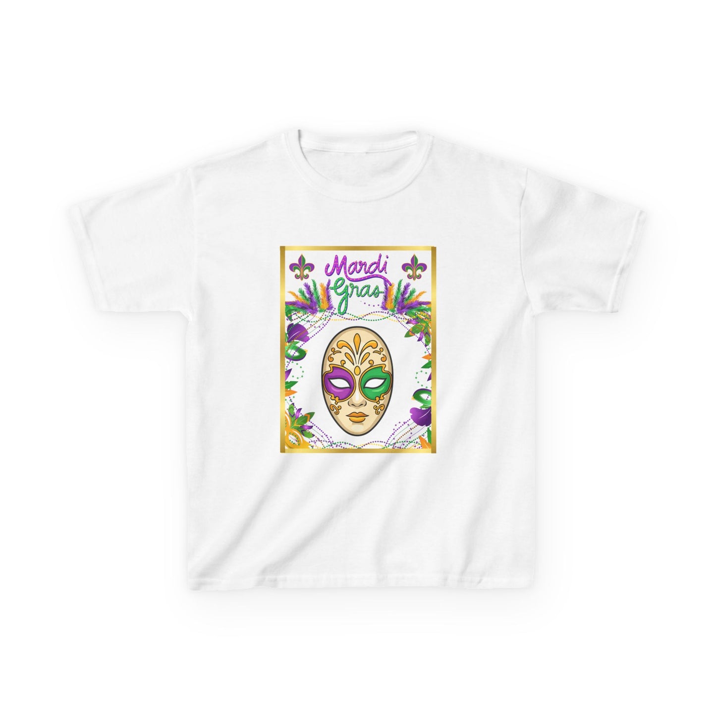 "Mardi  Gras Mask"  Youth Unisex  Boxy T-Shirt.  This Stylish & Colorful Tee Has All The Elements Needed For Carnival Cheer!