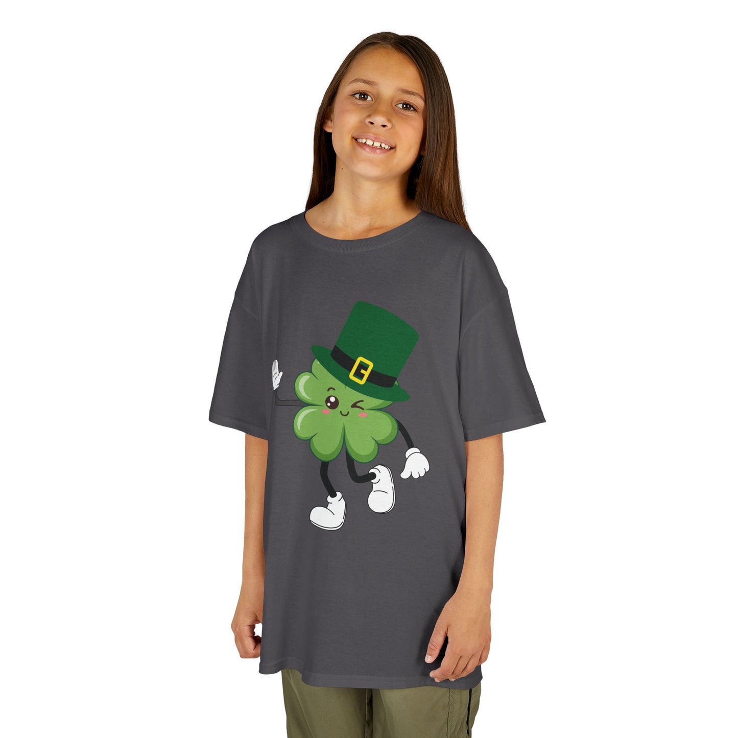 "Dancing Shamrock with Leprechaun Hat".  Kids Heavy Cotton T-Shirt. Patrick’s Day Tee