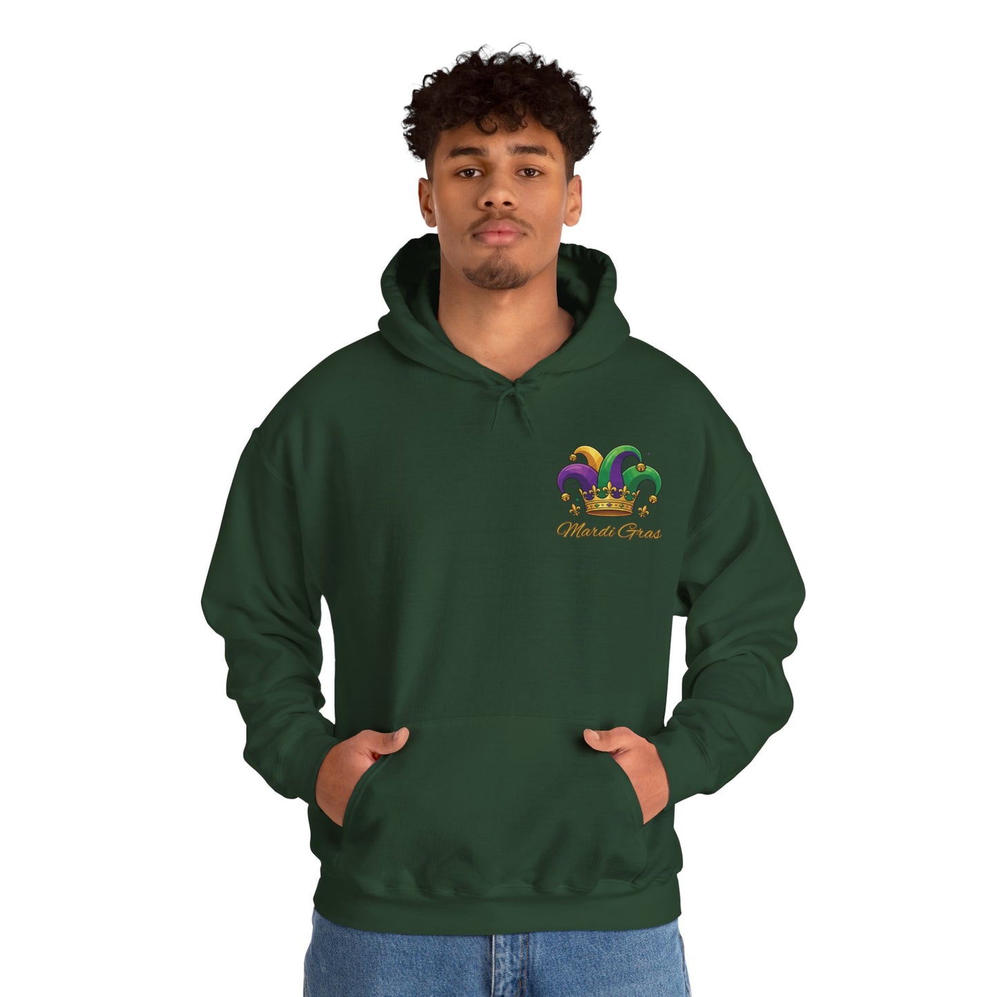 "Mardi Gras Jester Crown" Unisex Pullover Hoodie.  Festive Colorful Front Chest & Bold Back Designs Make This THE Hoodie Of Carnival Season!