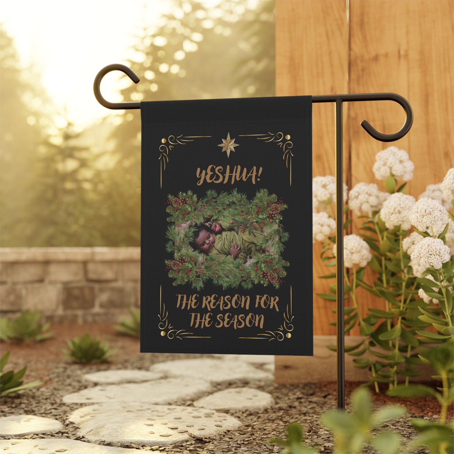 Xmas Nativity Garden Flag —"Yeshua! The Reason for the Season" Religious Christmas Garden Banner-Black