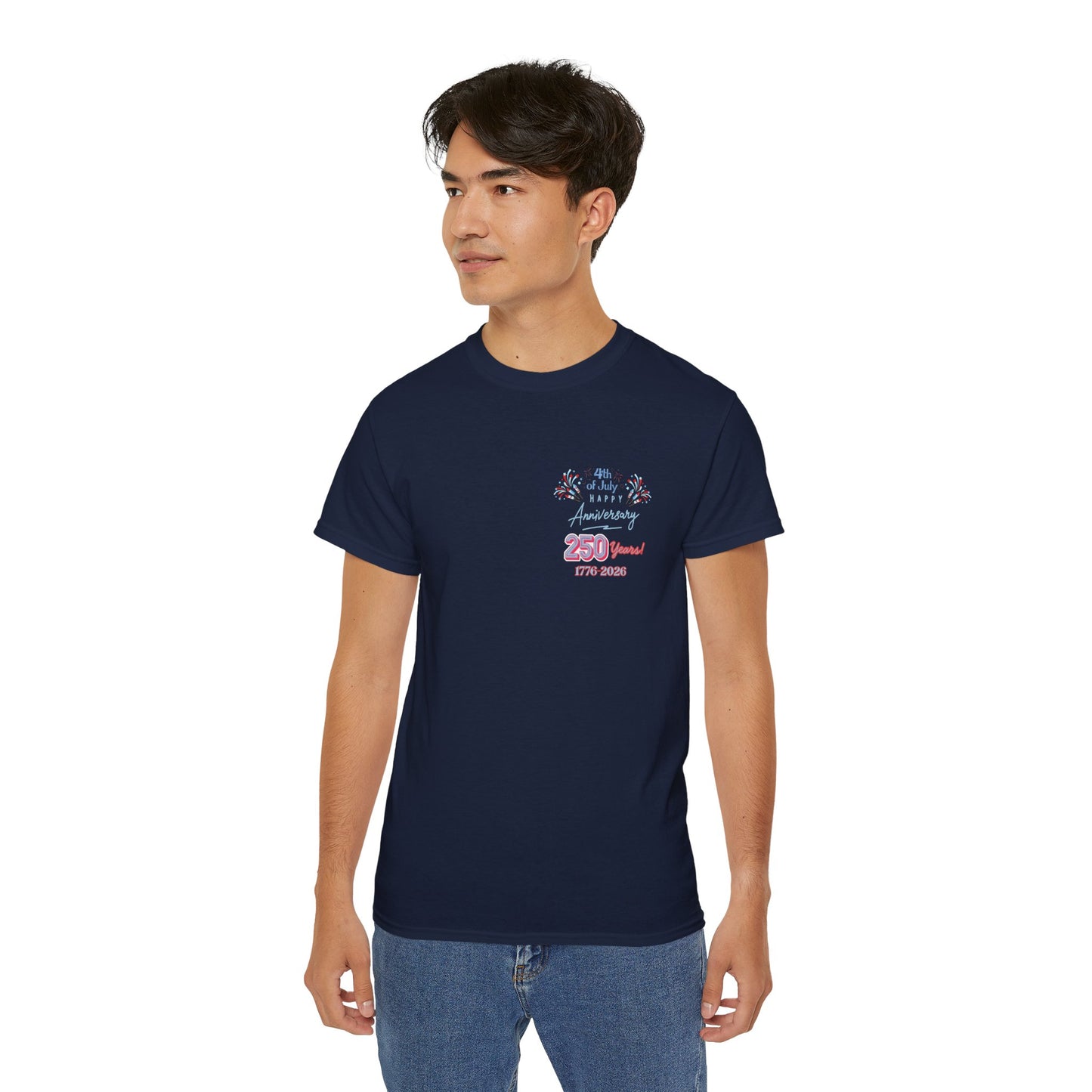 Statue of Liberty Patriotic T-Shirt — "Made In America -Happy Anniversary 1776-2026"  Front & Back Design