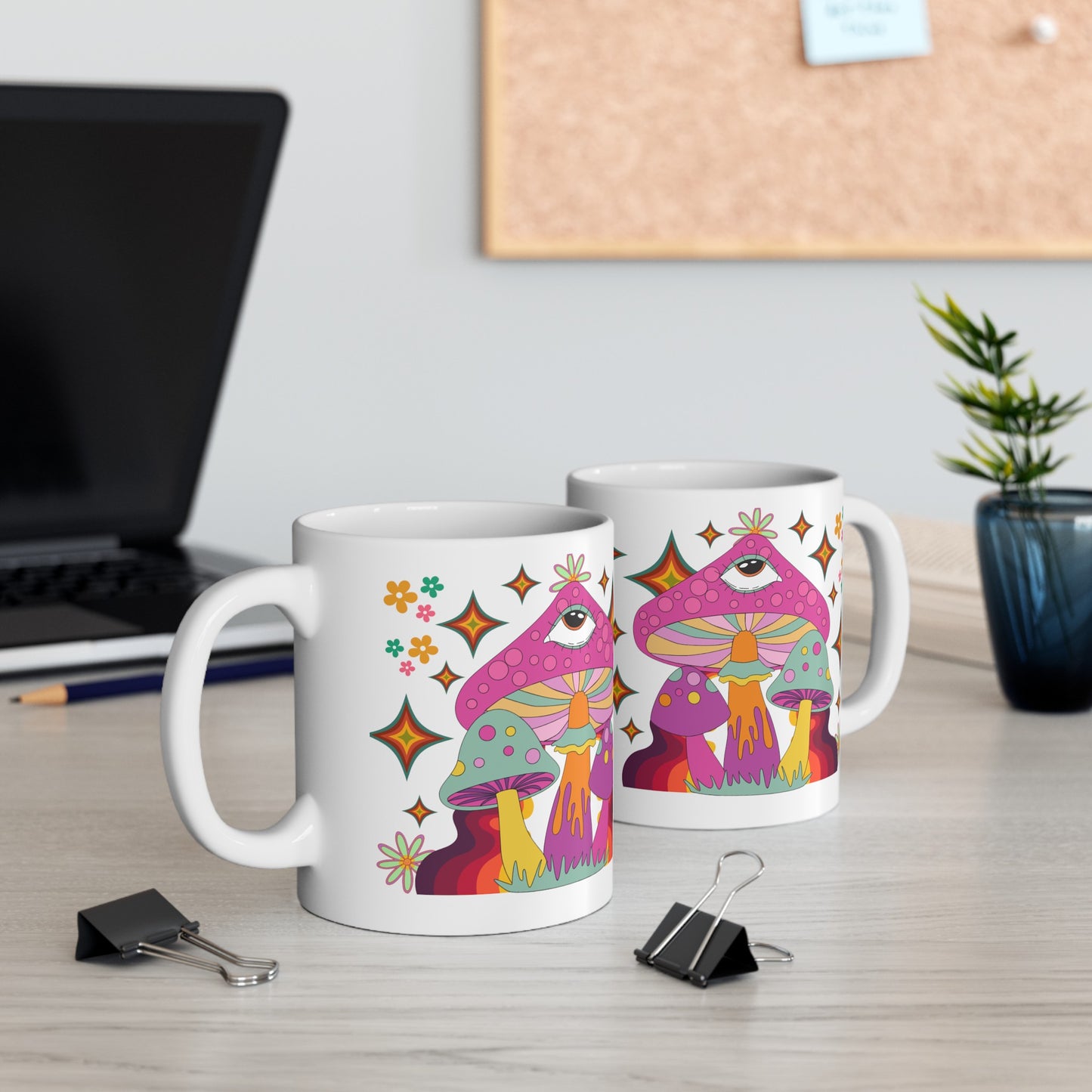 "Extra Groovy Mushrooms"  White Ceramic Mug, 11oz