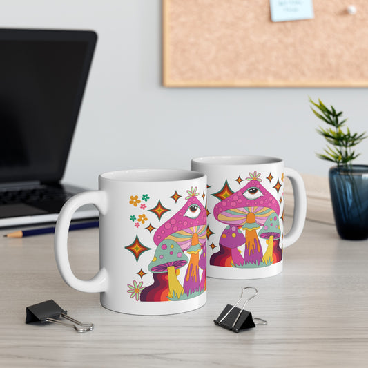"Extra Groovy Mushrooms"  White Ceramic Mug, 11oz