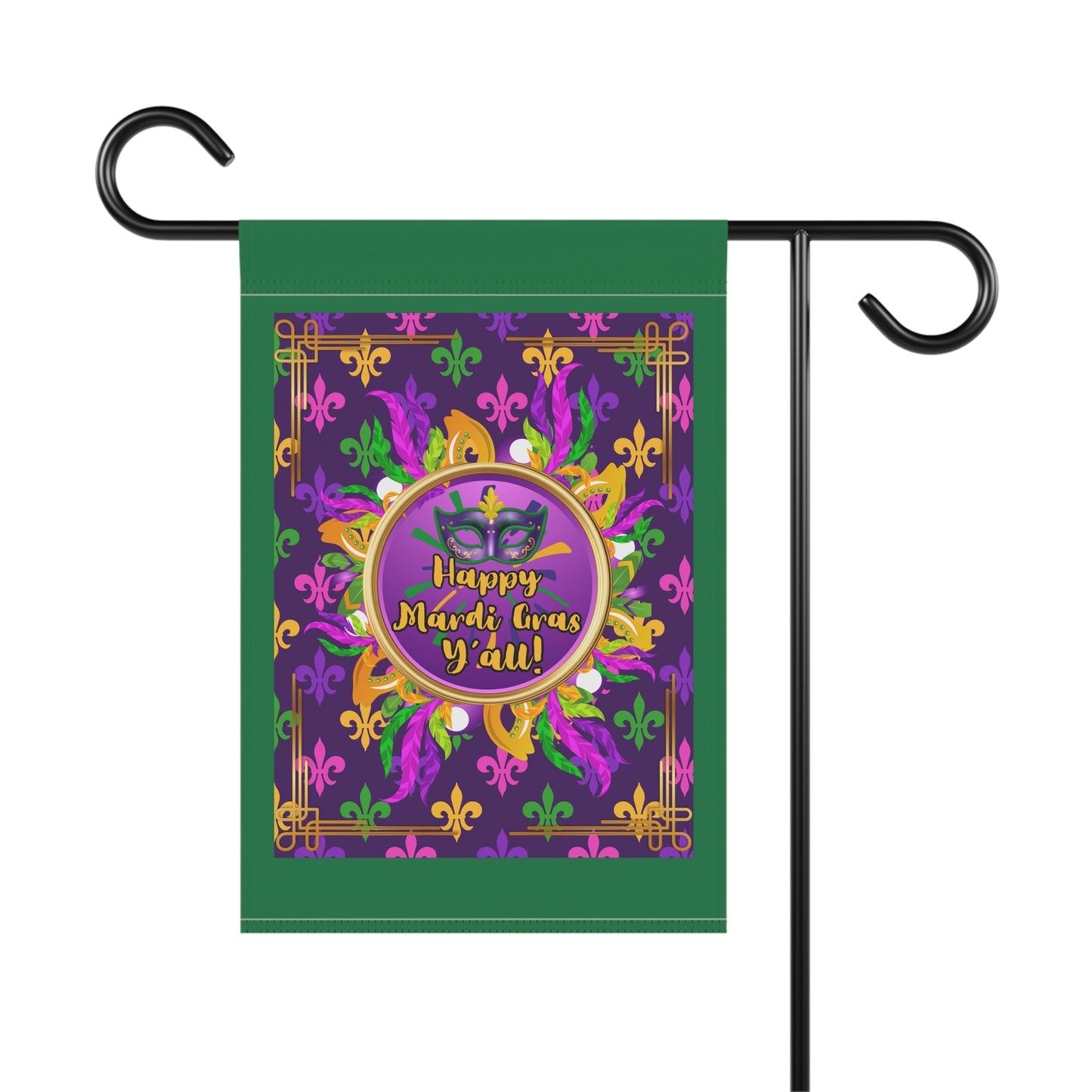 Mardi Gras Paisley Garden Banner — “Happy Mardi Gras Y’all!” Decorative House Flag-Dark Green