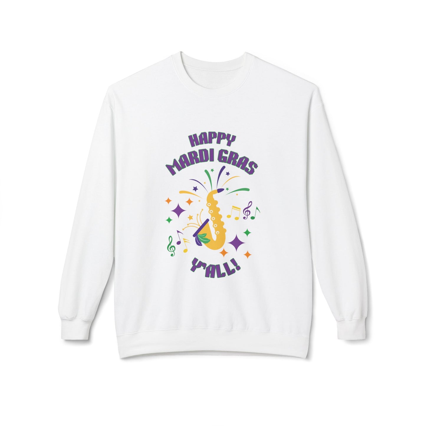 "Happy Mardi Gras Y'all"  Midweight Crewneck Sweatshirt.  Let This Colorful Unisex Sweatshirt Help You Revel In Style!