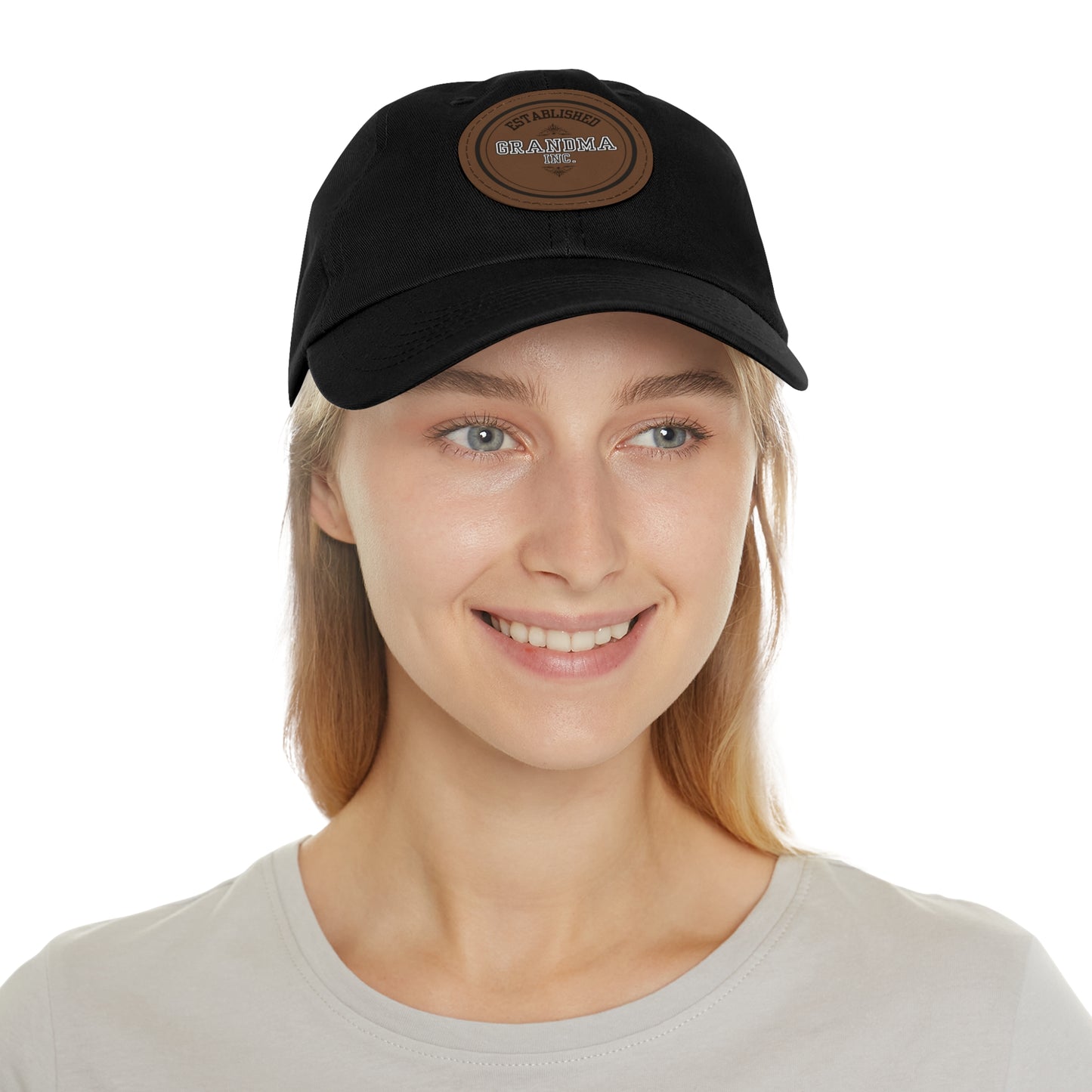 "GRANDMA INC." Black Twill Dad Hat with  PU Leather  Personalized Patch (Round)