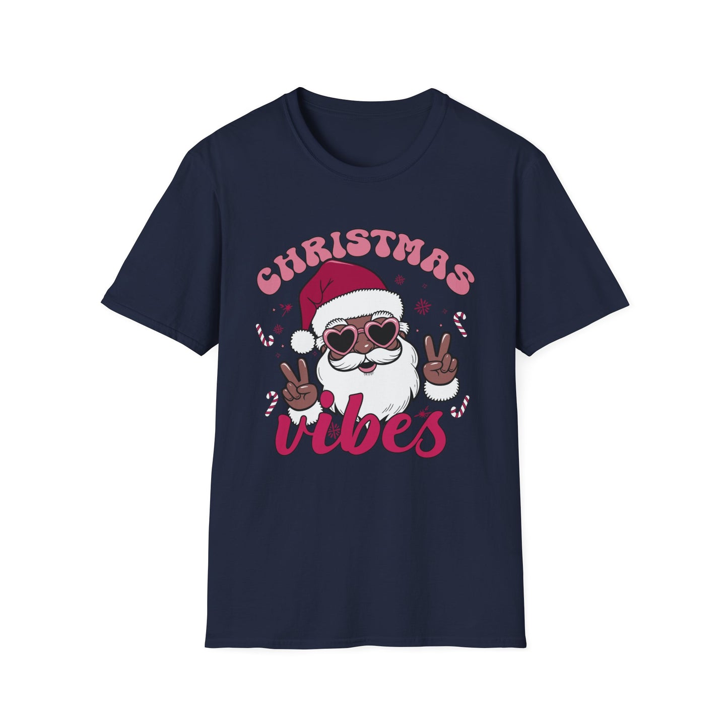 "Christmas Vibes" Unisex T-Shirt — Retro Santa Sporting Cool Sunglasses And A Peace Sign. What a Groovy Holiday Tee!