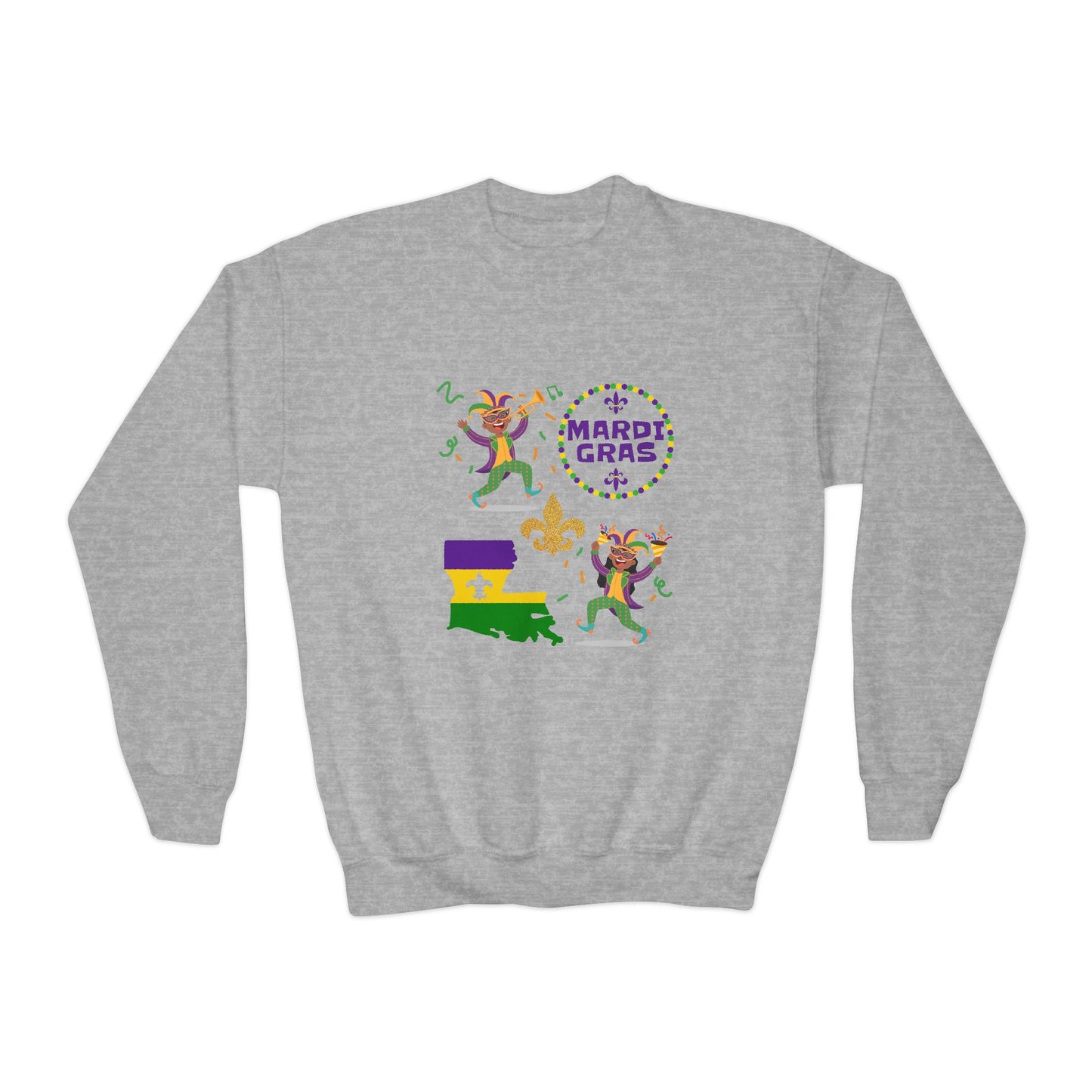 "Mardi Gras Kids" Youth Crewneck Sweatshirt — Colorful Beads, Jester Costumes & The State Of Louisiana all in Classic Mardi Gras Colors - Ready For The Parades!