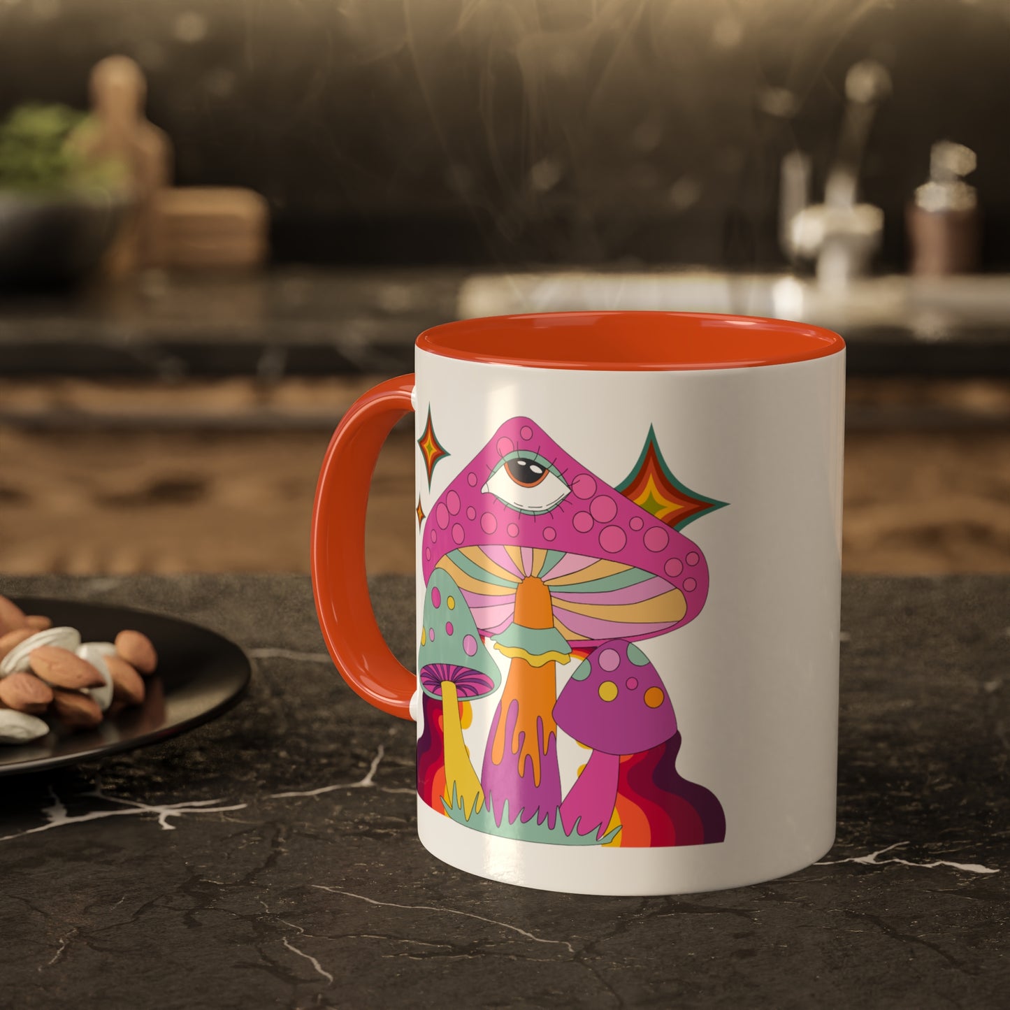 "Groovy Mushrooms" 11 oz White Mug with Colorful Accents
