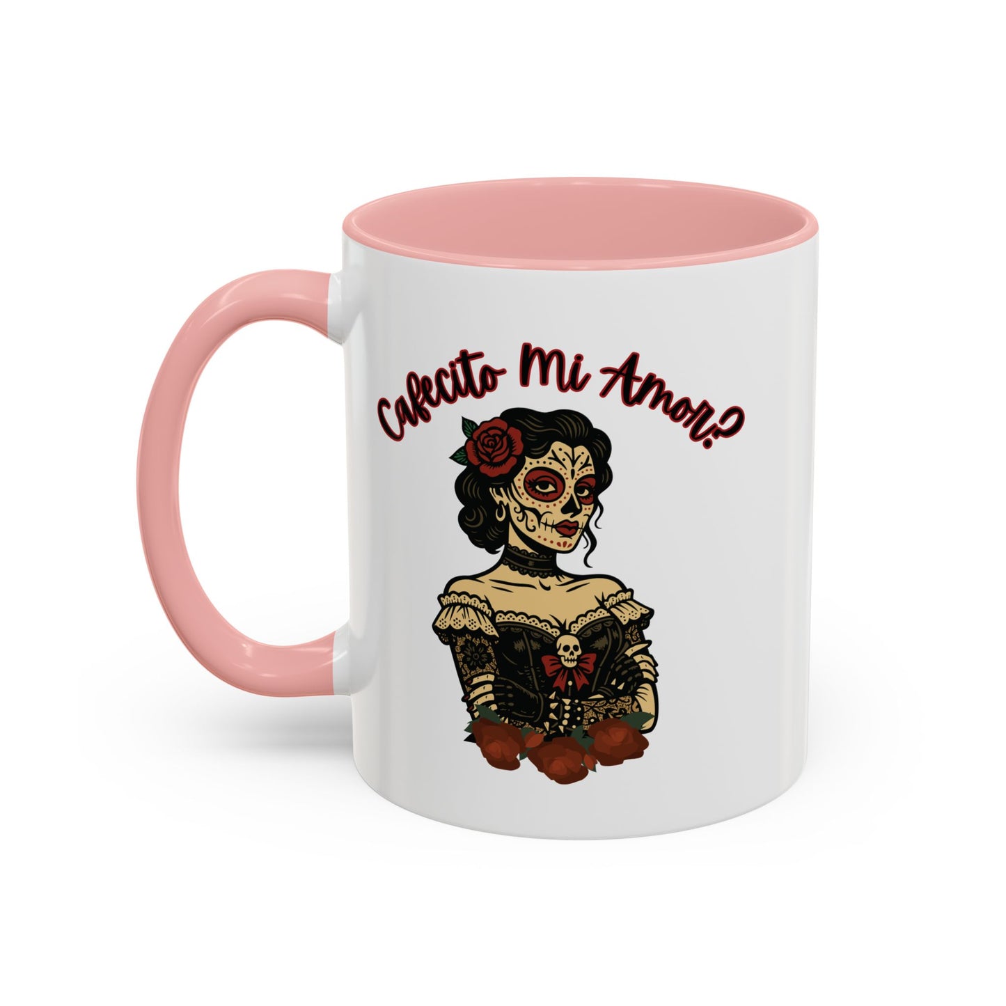 "Cafecito Mi Amor?" Sugar Skull Style , Colorful Accent, 11oz and 15oz Coffee Mug.  A great Day of the Dead  or Halloween Gift!