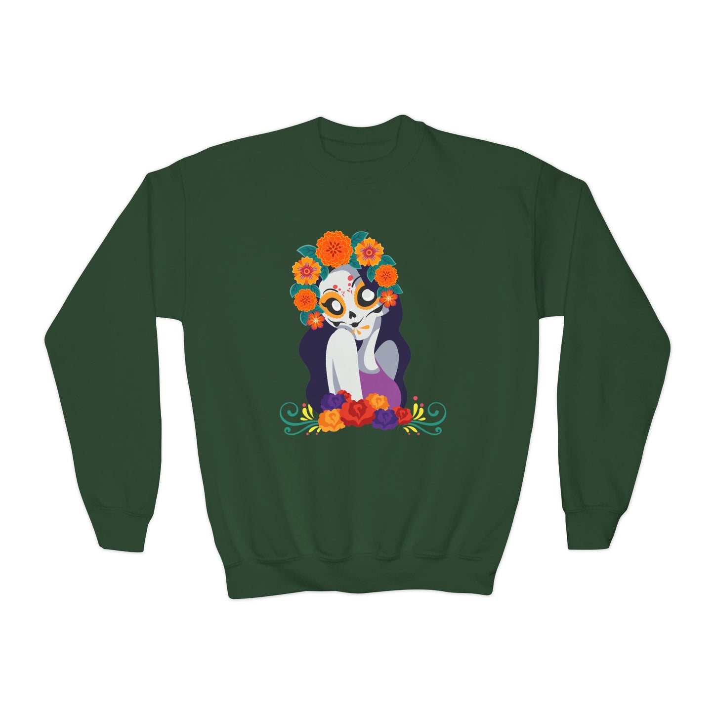 Whimsical Floral  "Katrina Skull" Youth Crewneck Sweatshirt. Perfect for Dia De Los Muertos or any occasion!