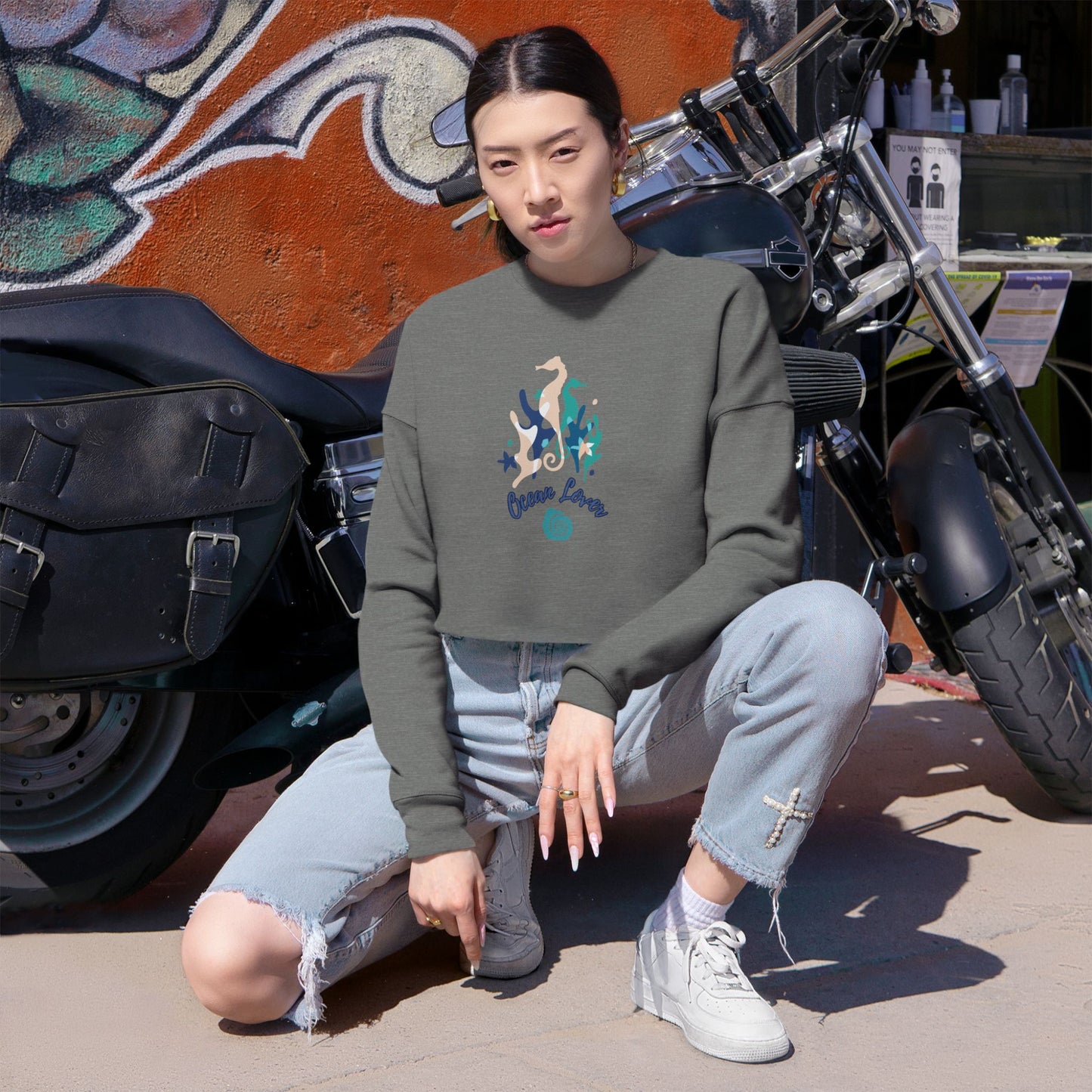 "Ocean Lover" Sea Horse & Coral Cropped Sweatshirt — Women's Beachy Crop Top