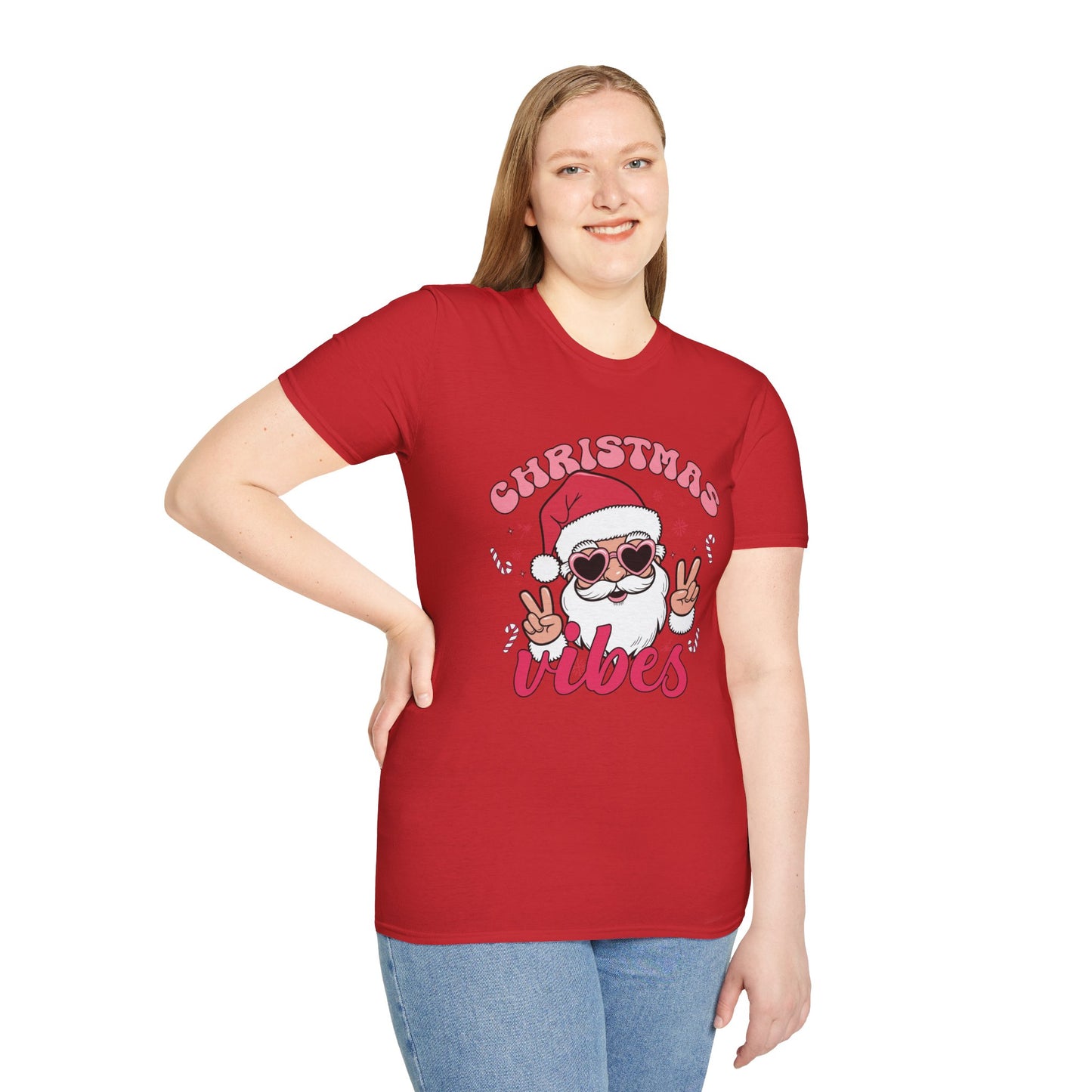 "Christmas Vibes"  Smiling Santa Holiday Unisex T-Shirt.  Cool(Tan)Santa Wearing His Shades And Sharing A "Peace Sign".