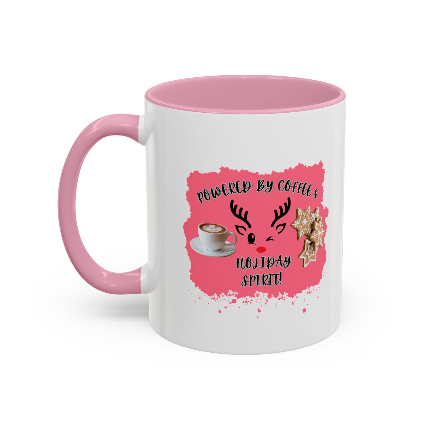 "Powered By Coffee & Holiday Spirit!",  White Ceramic 11 oz Mugs With Colorful Accents