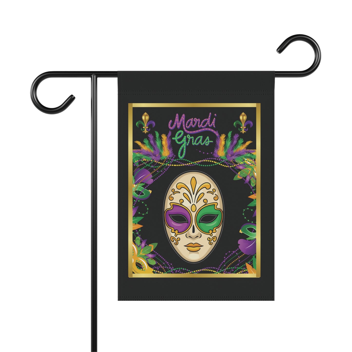 "Mardi Gras Mask",  12in x 18in  Black Garden Flag – Beautiful Beaded Mask And Carnival Colored Accents Help Celebrate Mardi Gras!