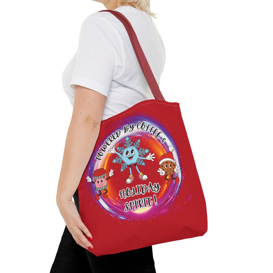 "Powered By Coffee And Holiday Spirit "  Red Tote Bag  with Colored Straps